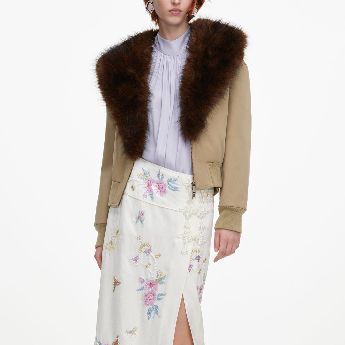 Cream Jacquard Floral Midi Skirt