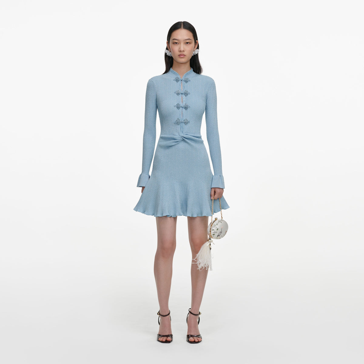 Front view of a woman wearing the Blue Metallic Knit Mini Dress