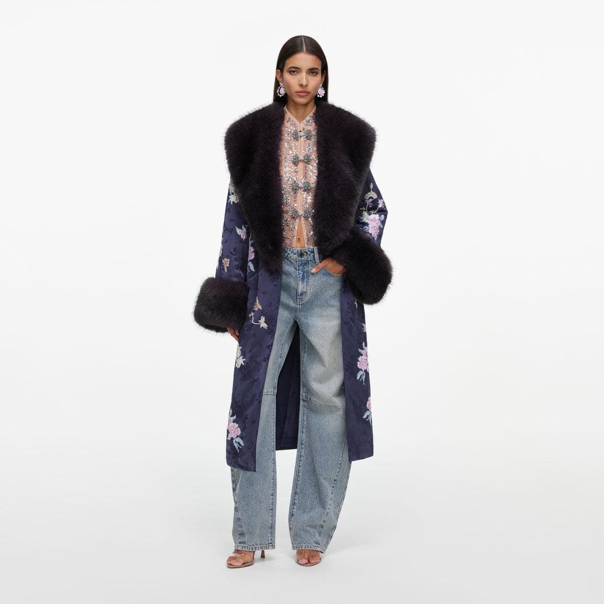 Front view of a woman wearing the Navy Floral Jacquard Fur Collar Coat