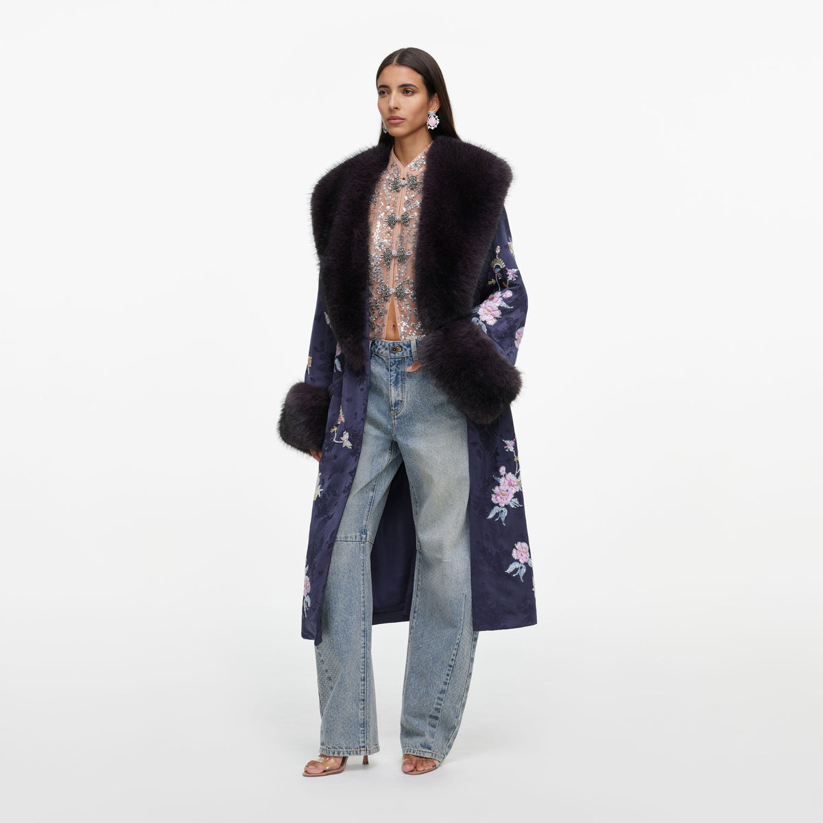 Navy Floral Jacquard Fur Collar Coat