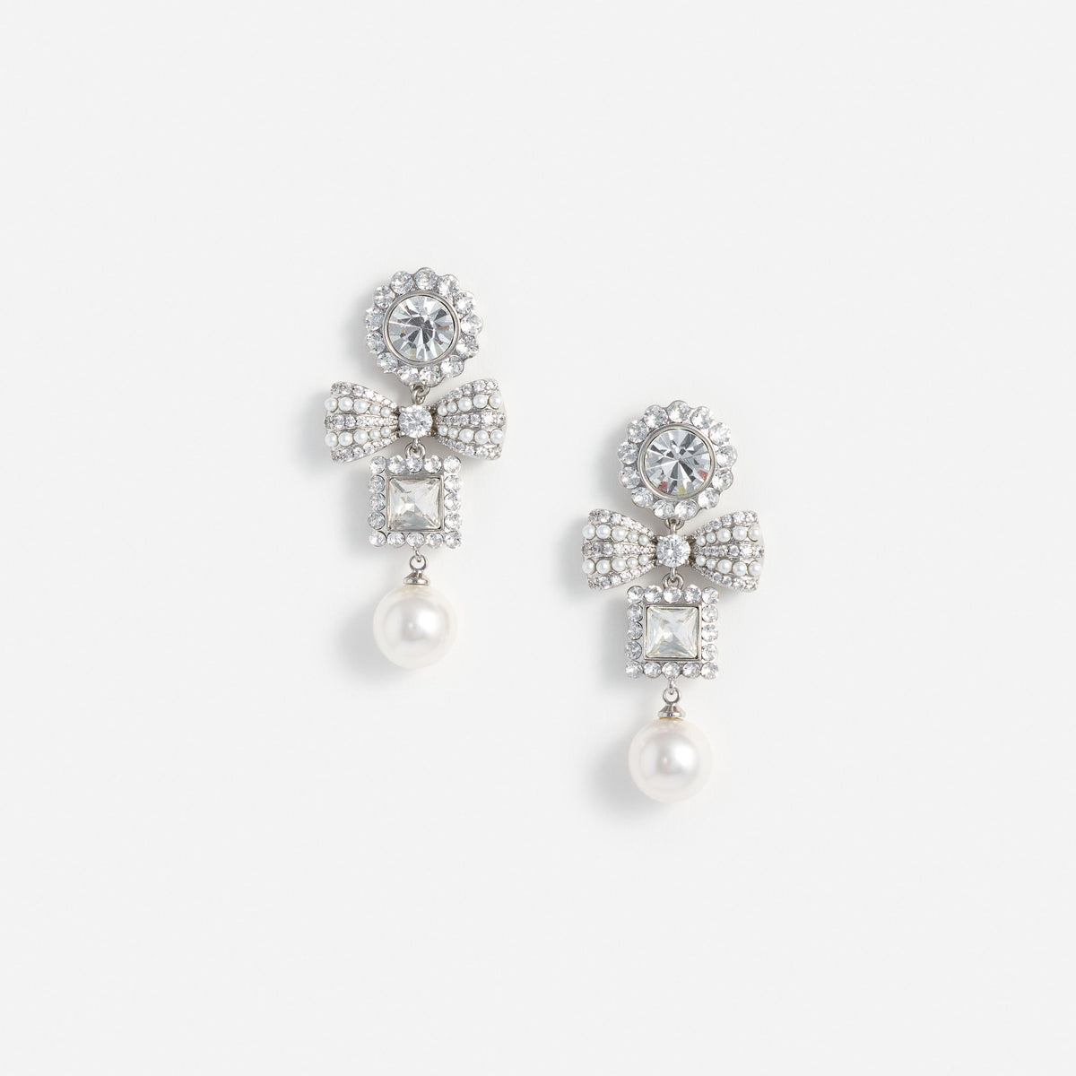 Silver Crystal Bow Pearl Tiered Earrings