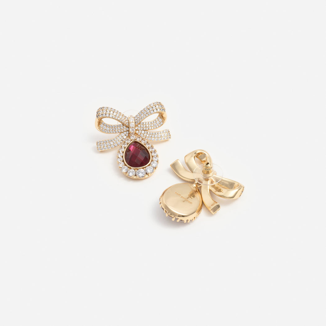 Gold Crystal Bow Ruby Earrings