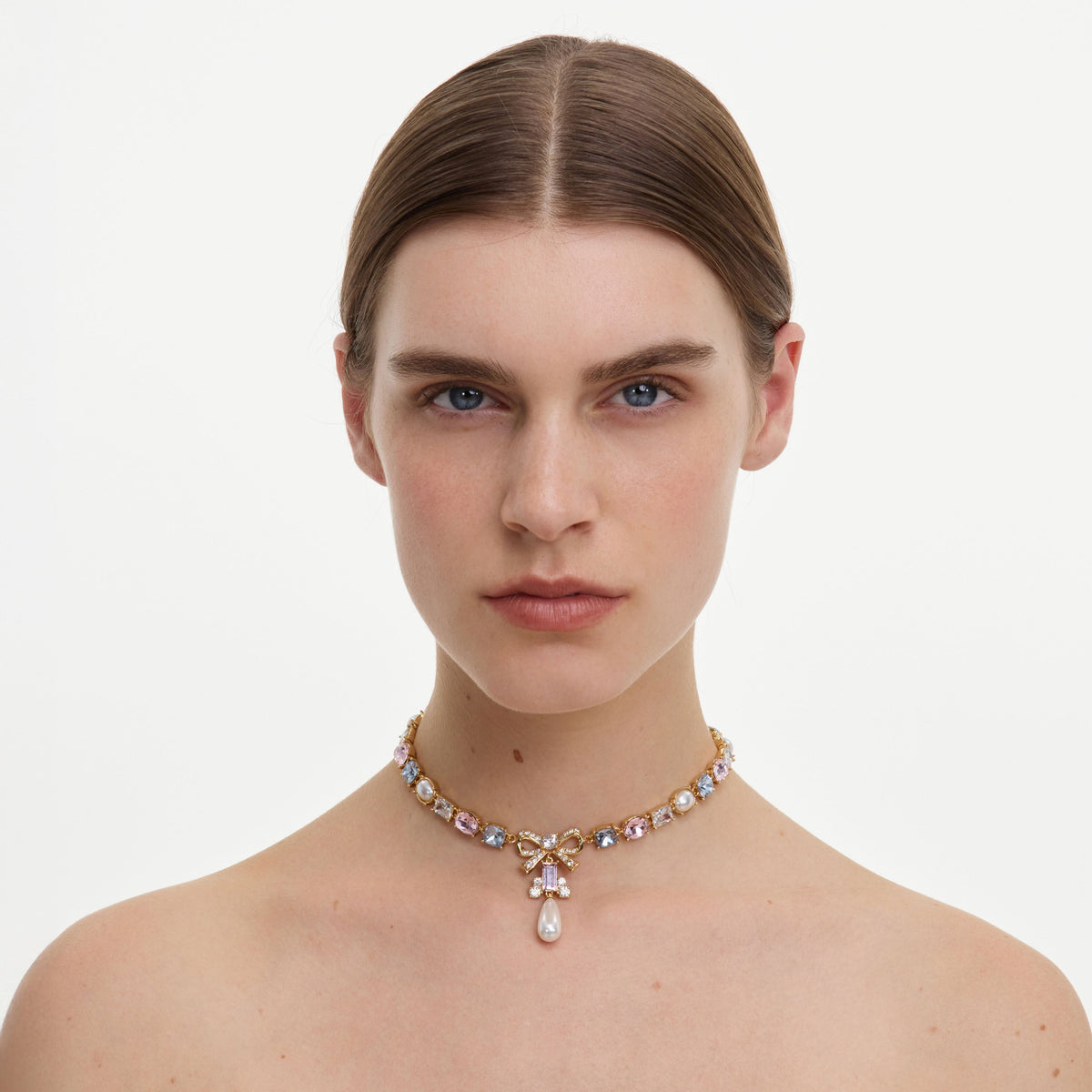 Gold Multi Crystal Bow Droplet Necklace
