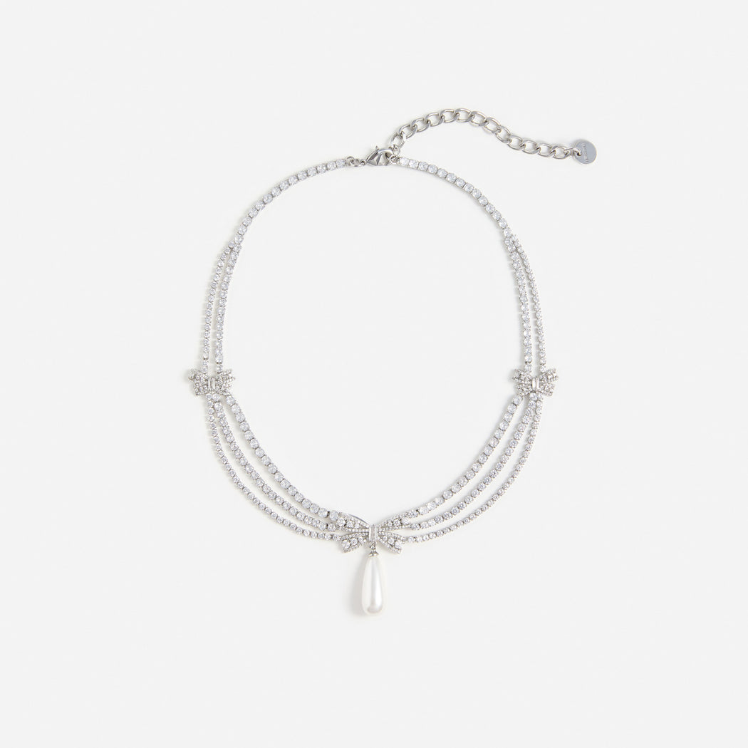 Silver Crystal Bow Pearl Droplet Tiered Necklace