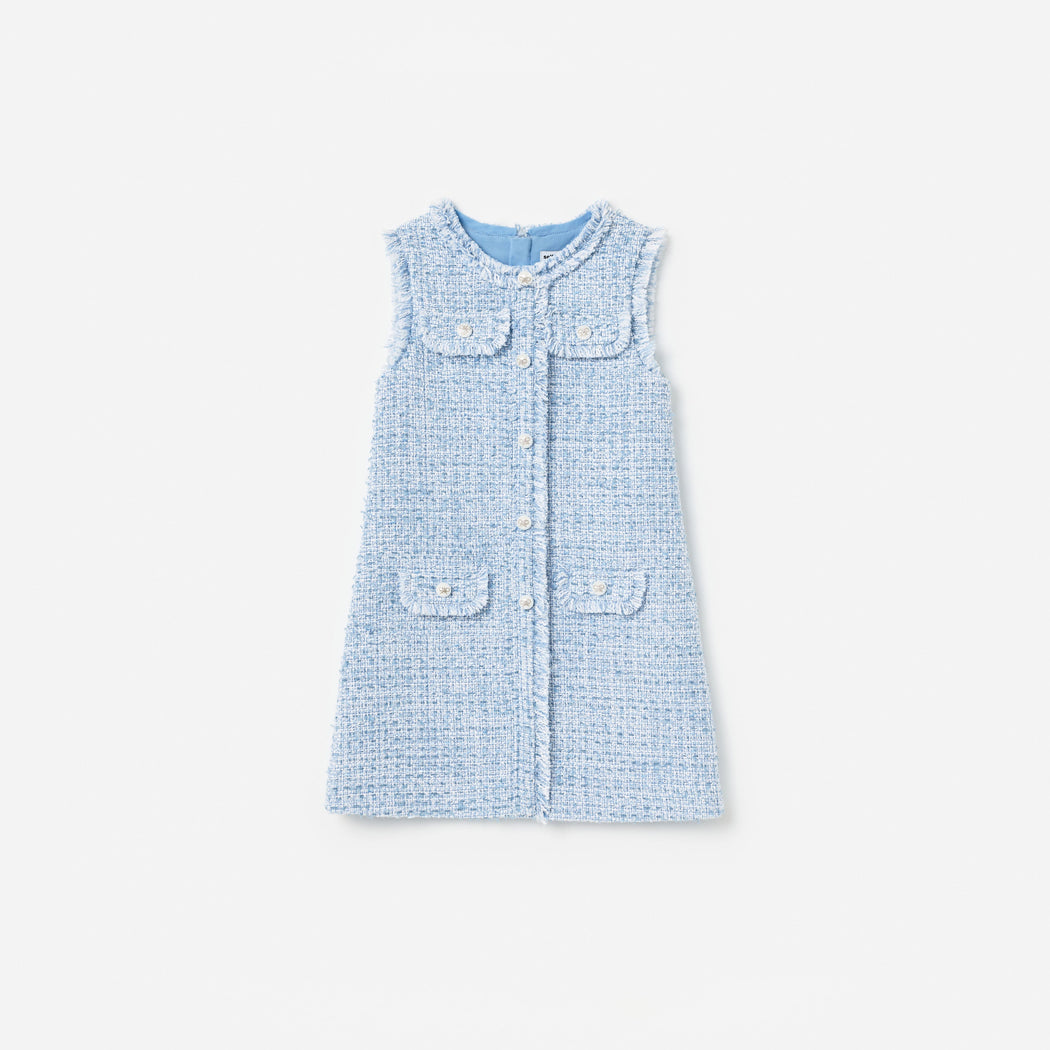 Front view of a girl wearing the Blue Textured Boucle Sleeveless Dress