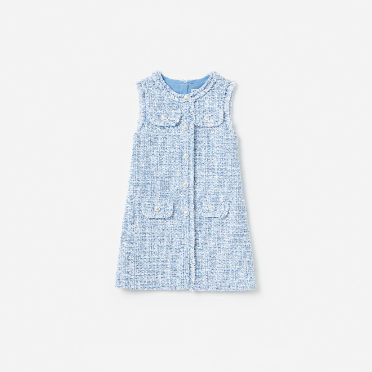 Front view of a girl wearing the Blue Textured Boucle Sleeveless Dress