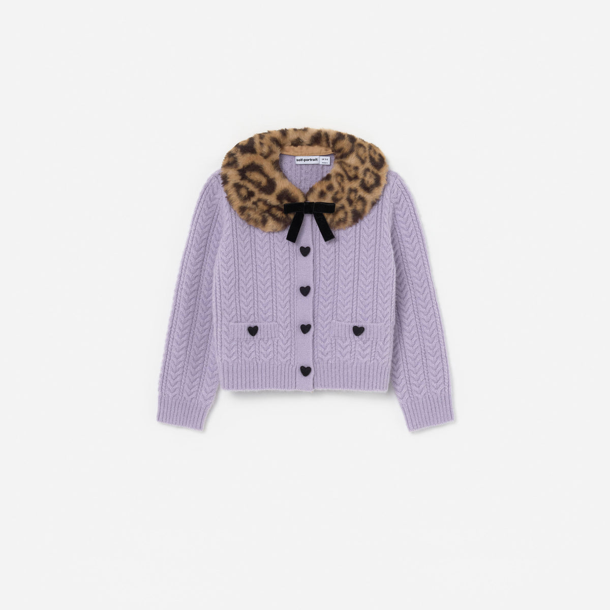 Purple Cable Knit Printed  Fur Collar Cardigan