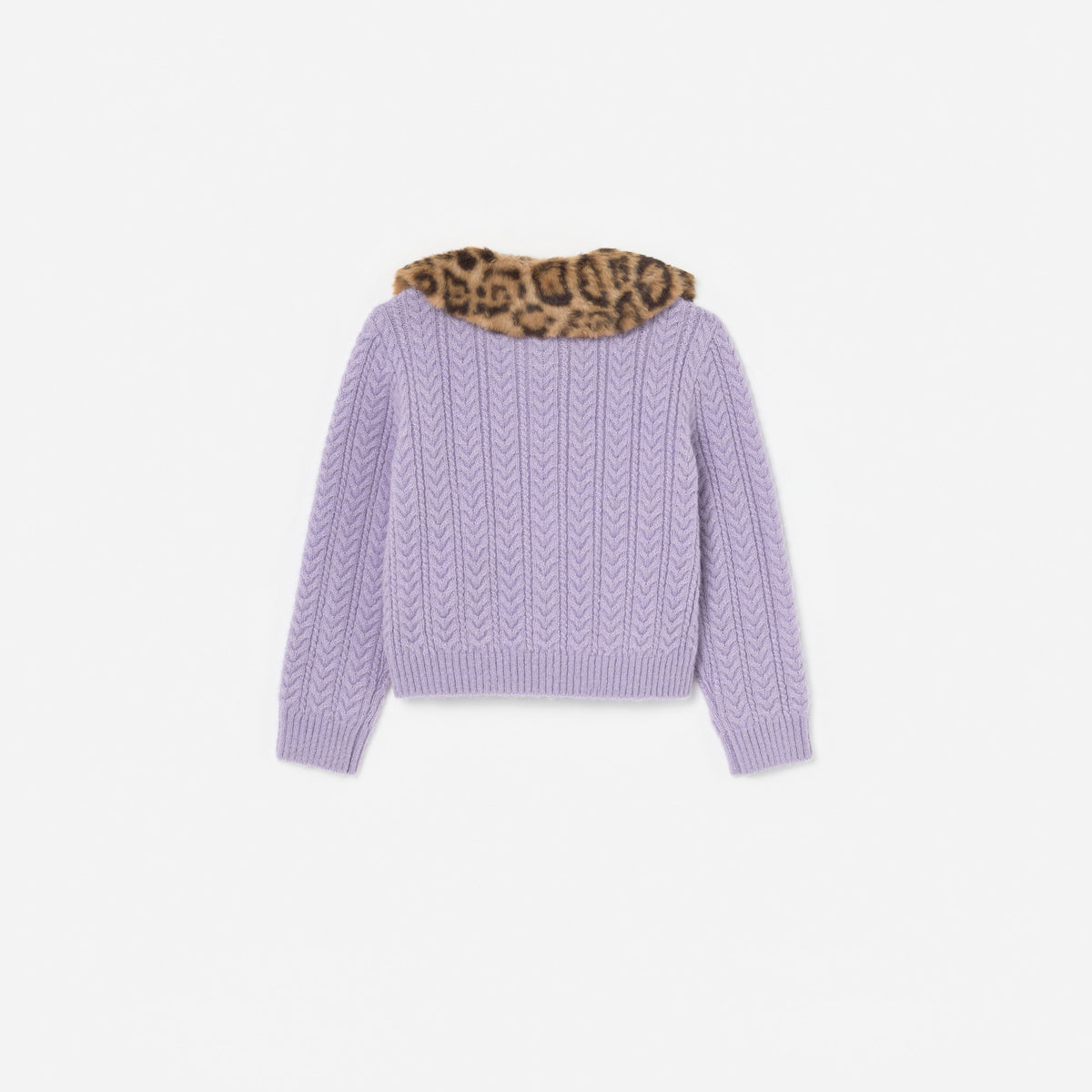 Purple Cable Knit Printed  Fur Collar Cardigan