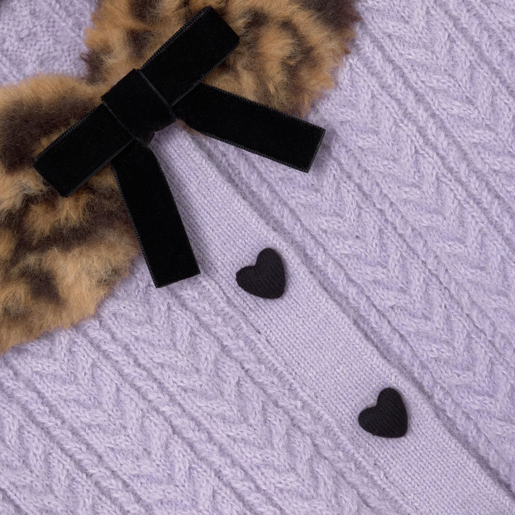 Detail Shot of the Purple Cable Knit Printed  Fur Collar Cardigan