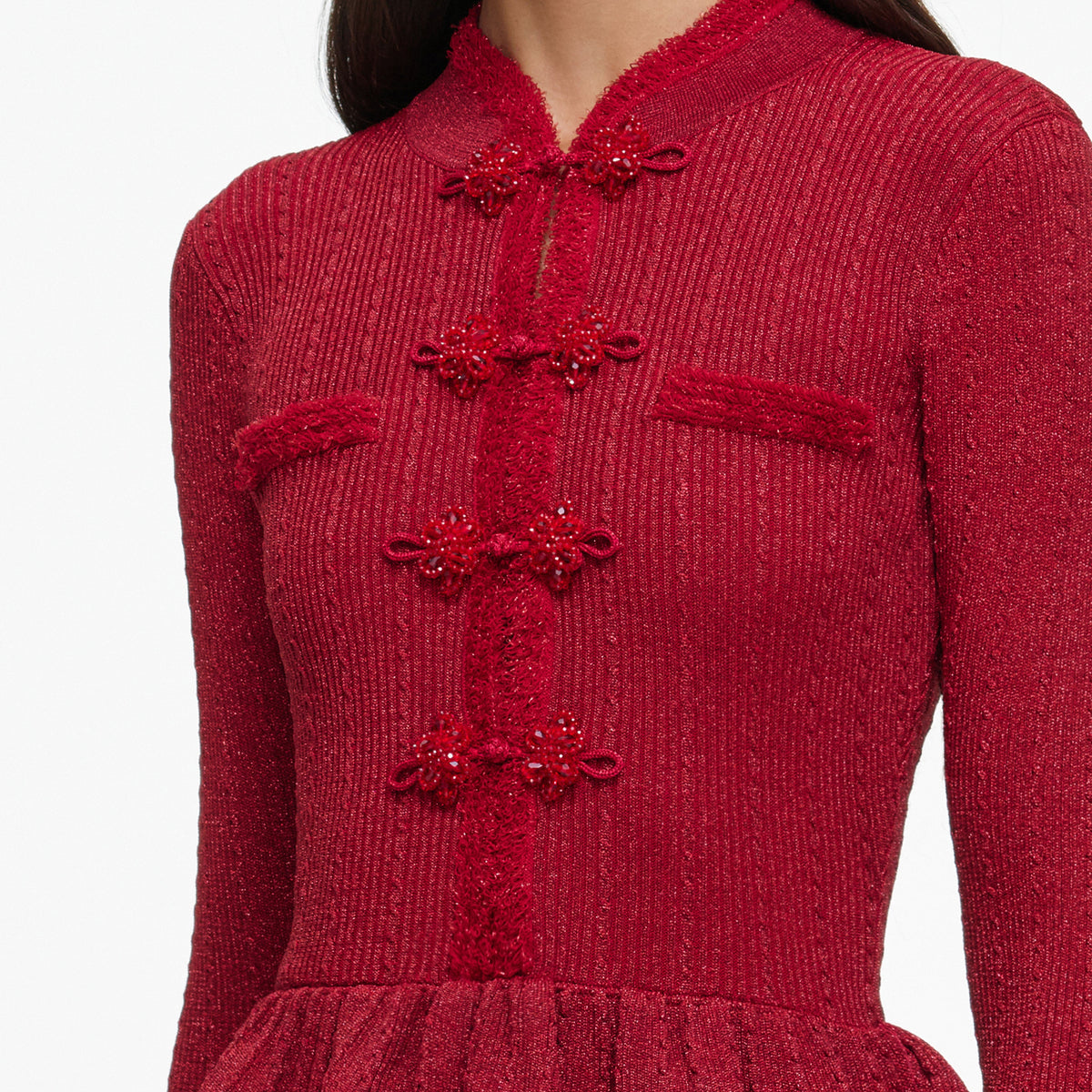 Red Metallic Peplum Knit Midi Dress