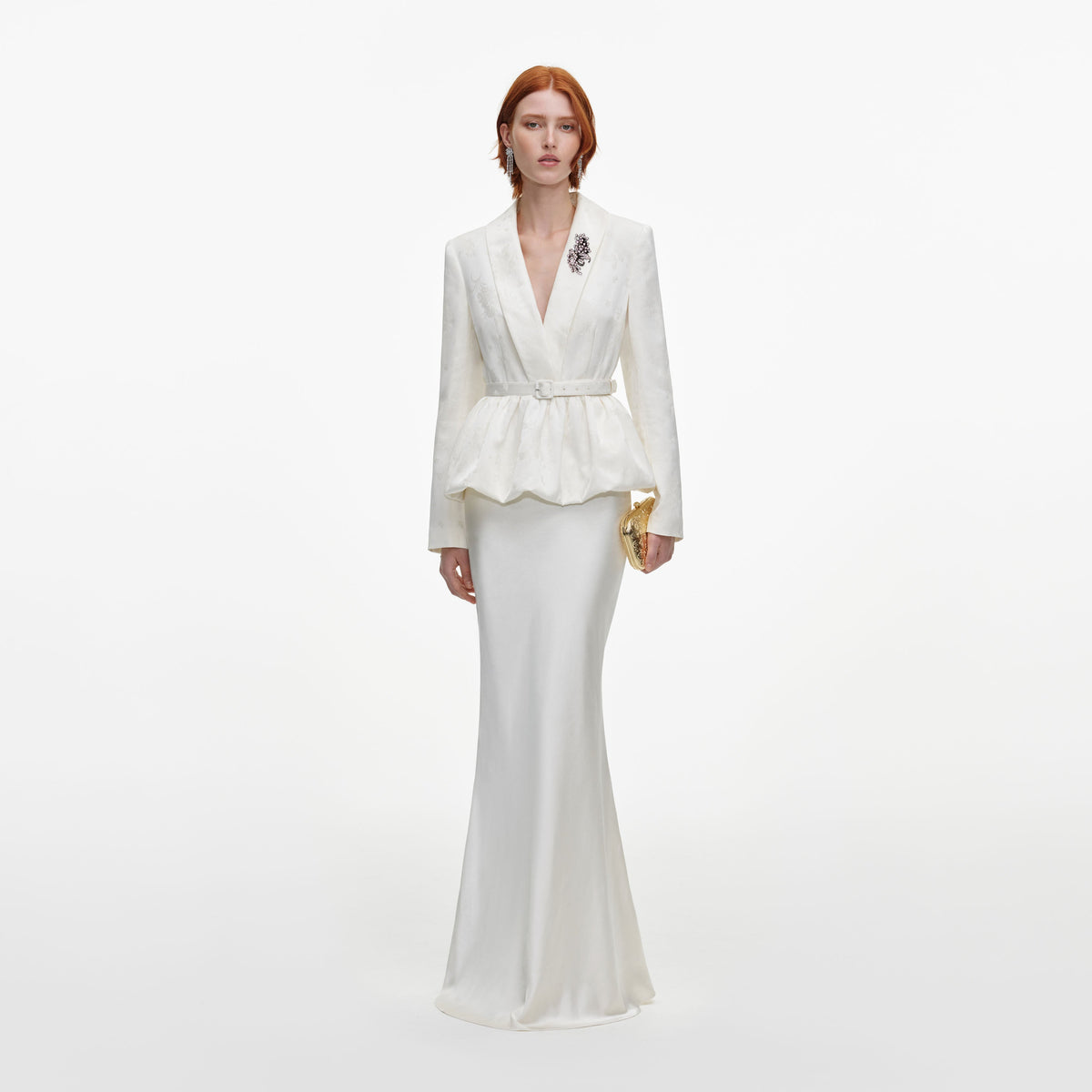 Front view of a woman wearing the Cream Jacquard Tailored Maxi Dress
