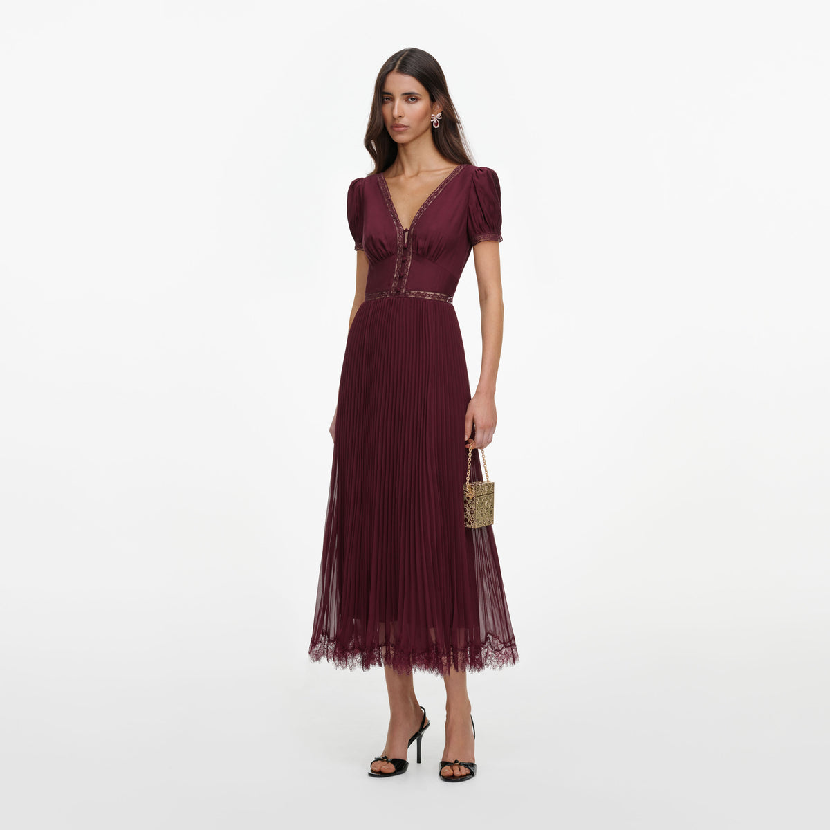 Burgundy Viscose Pleated Lace Midi Dress