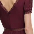 Burgundy Viscose Pleated Lace Midi Dress