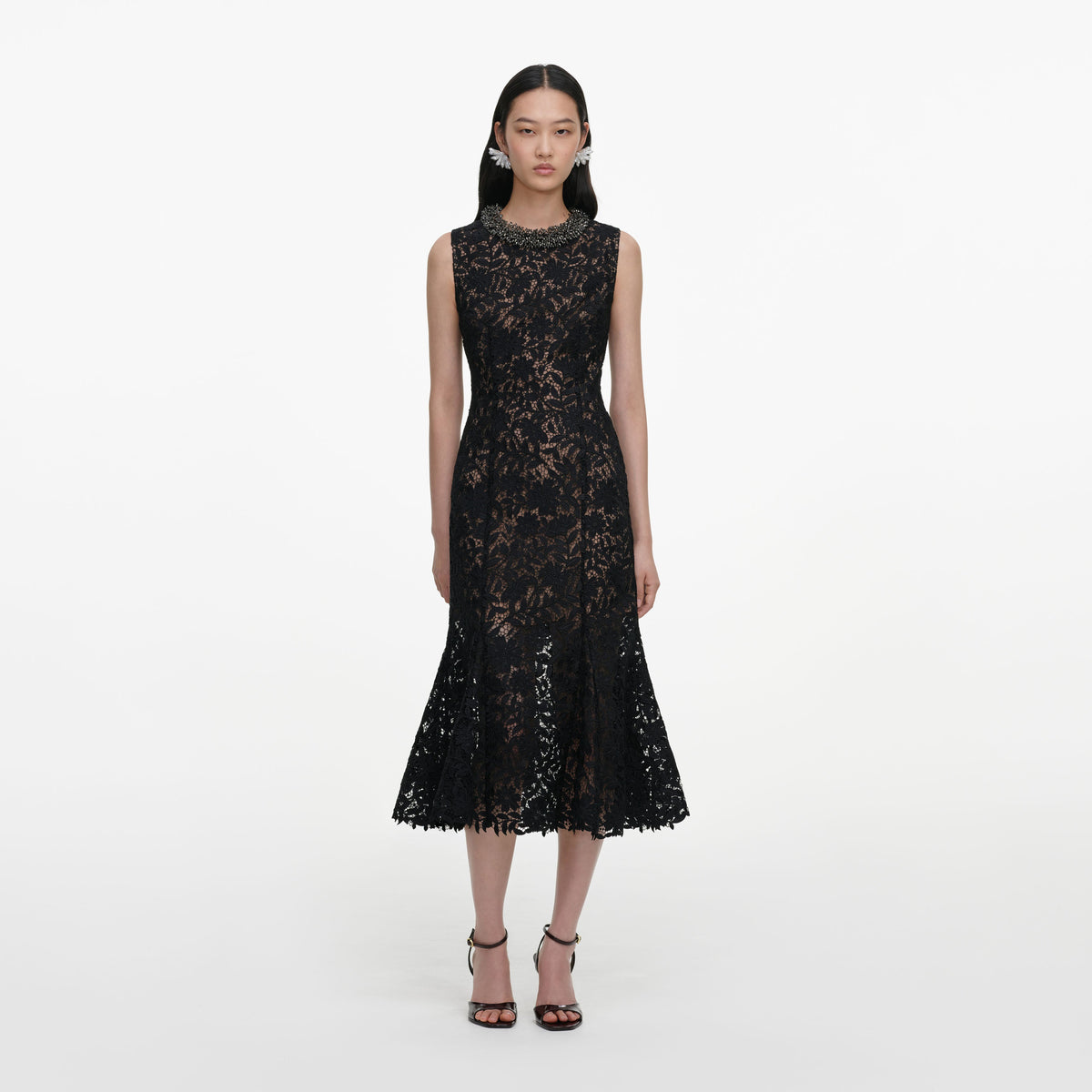 Front view of a woman wearing the Black Lace Beaded Trim Midi Dress