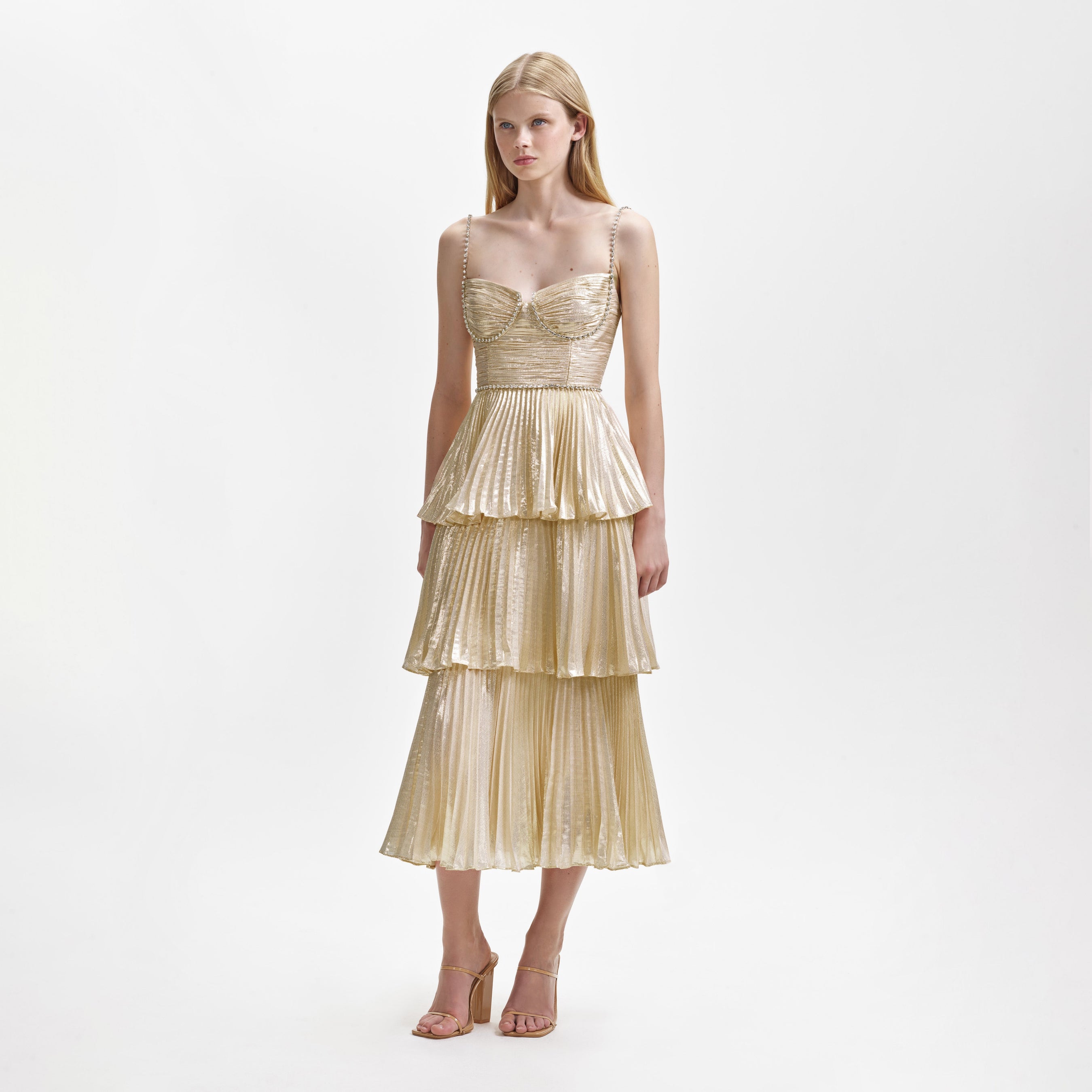 Gold Metallic Tiered Midi Dress