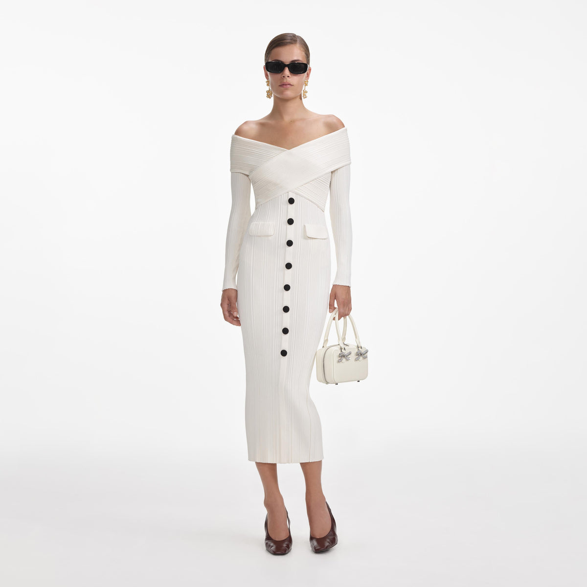Cream Off Shoulder Knit Midi Dress – self-portrait-US