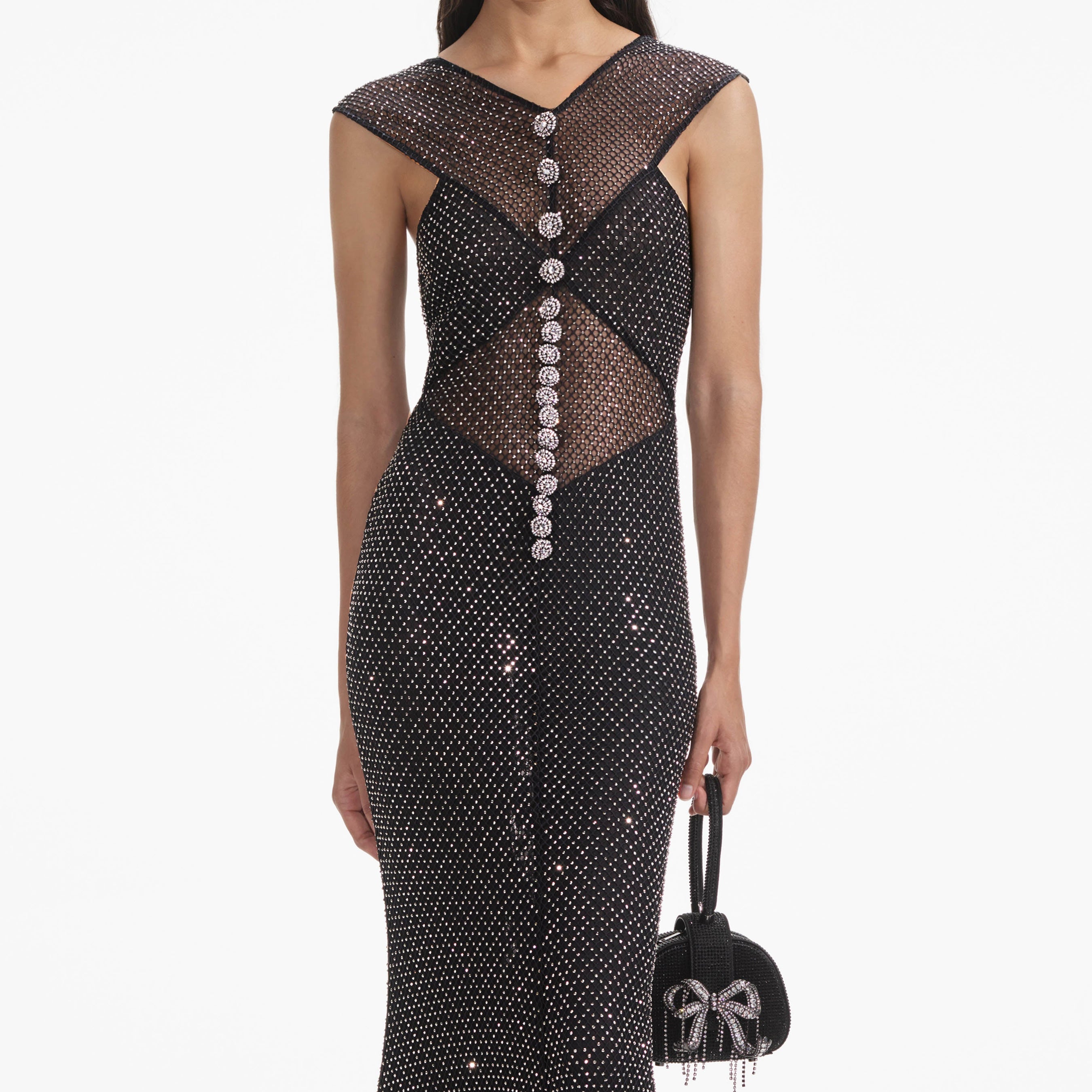 Black Rhinestone Fishnet Crossover Midi Dress