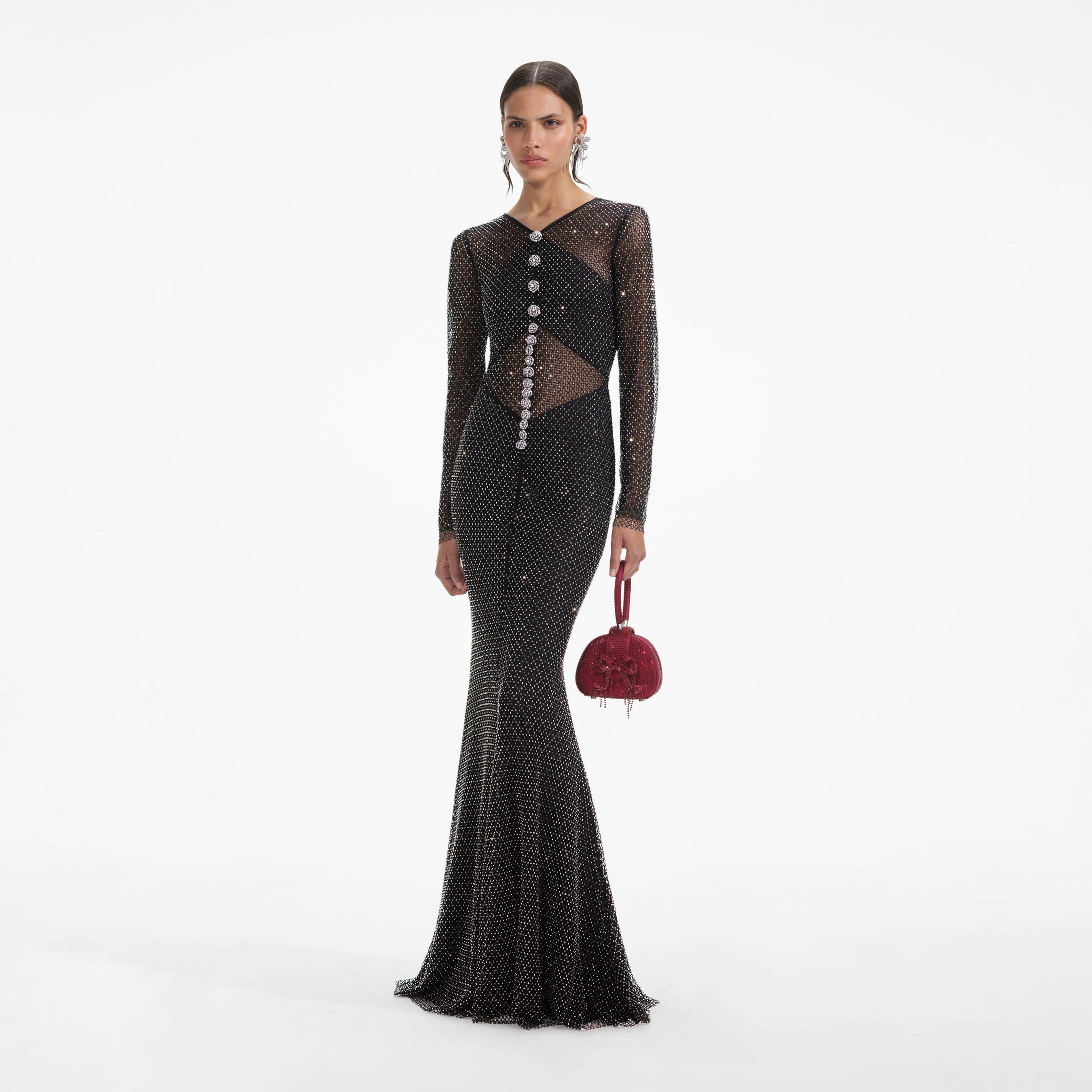 Black Rhinestone Fishnet Crossover Maxi Dress