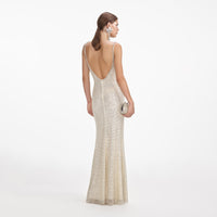 Cream Square Rhinestone Fishnet Maxi Dress