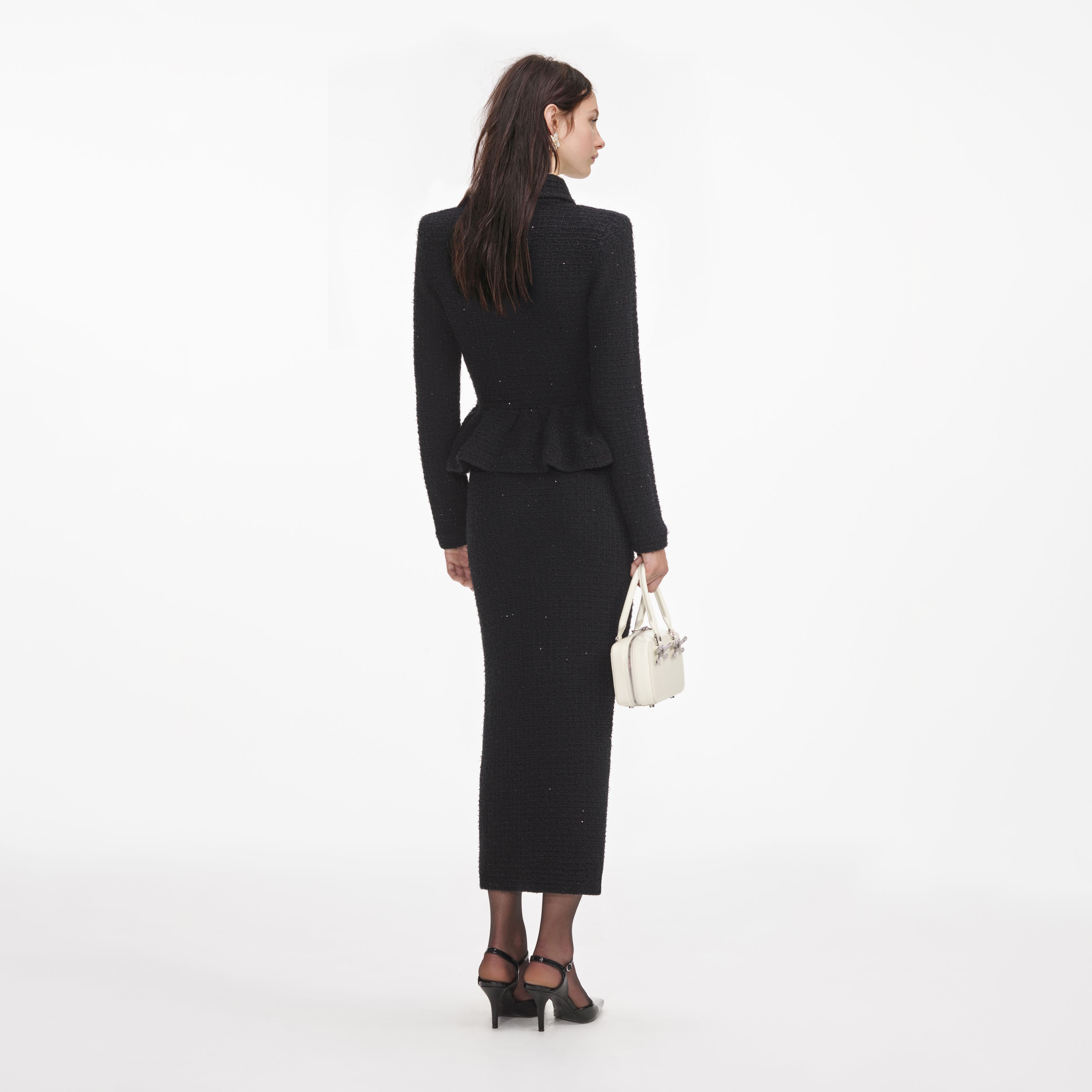 Black Textured Knit Peplum Midi Dress – self-portrait-US