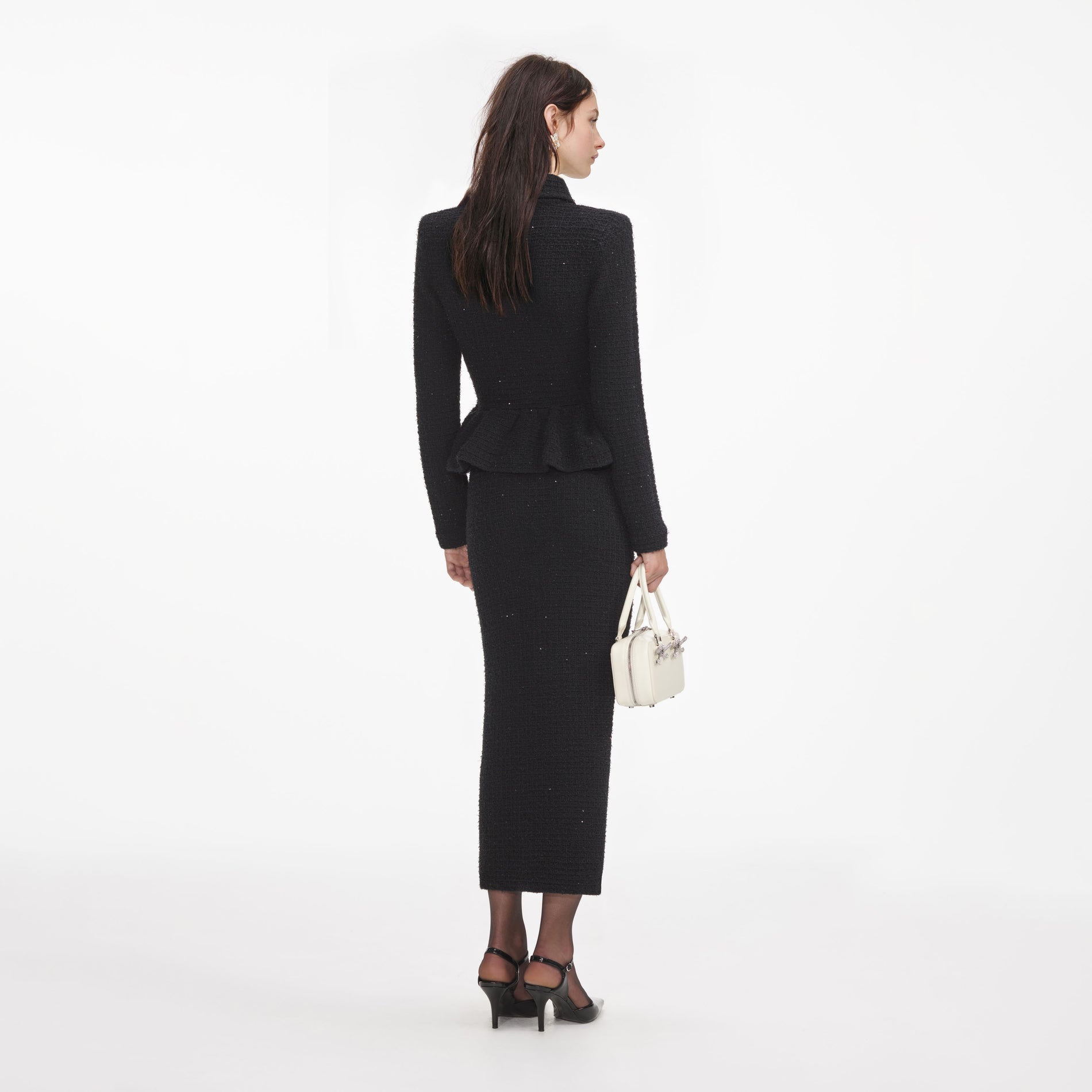 Black Textured Knit Peplum Midi Dress