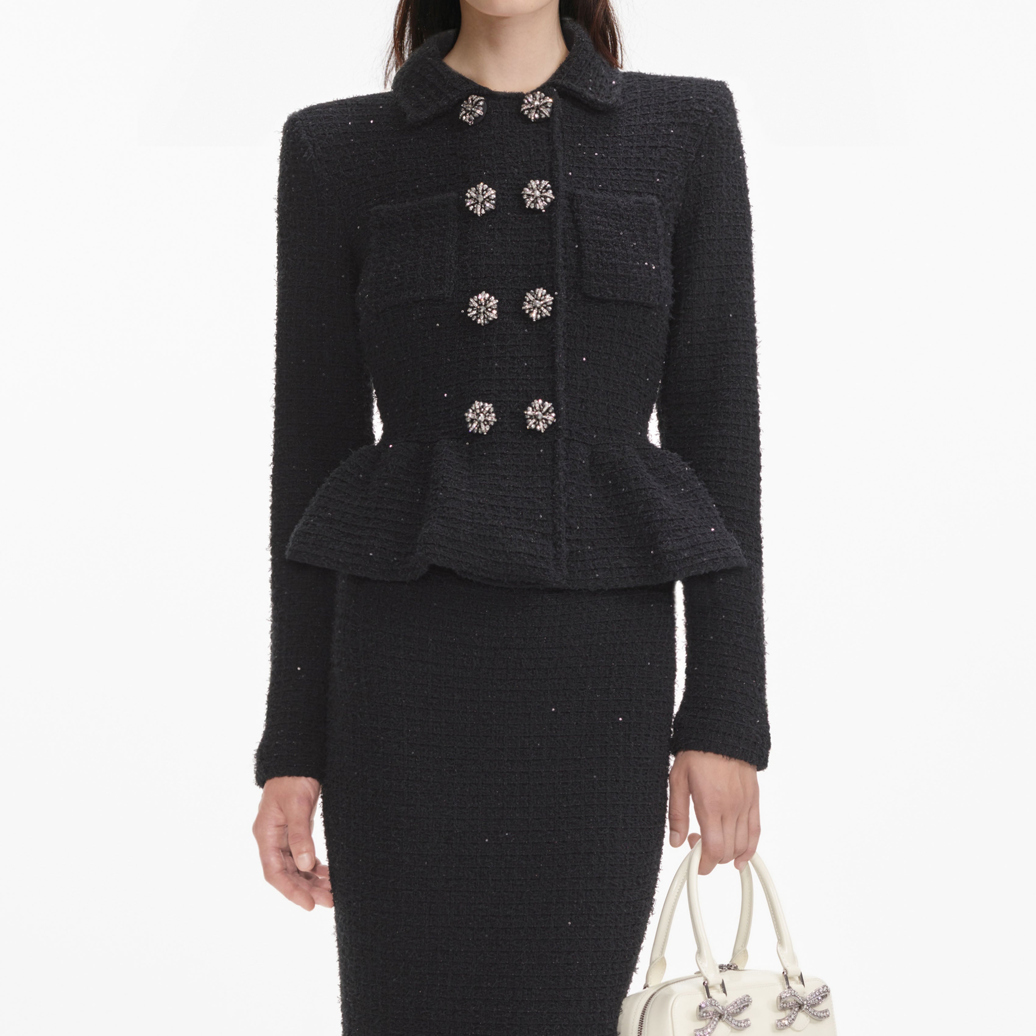 Black Textured Knit Peplum Midi Dress – self-portrait-US