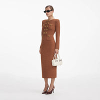 Brown Textured Knit Midi Dress