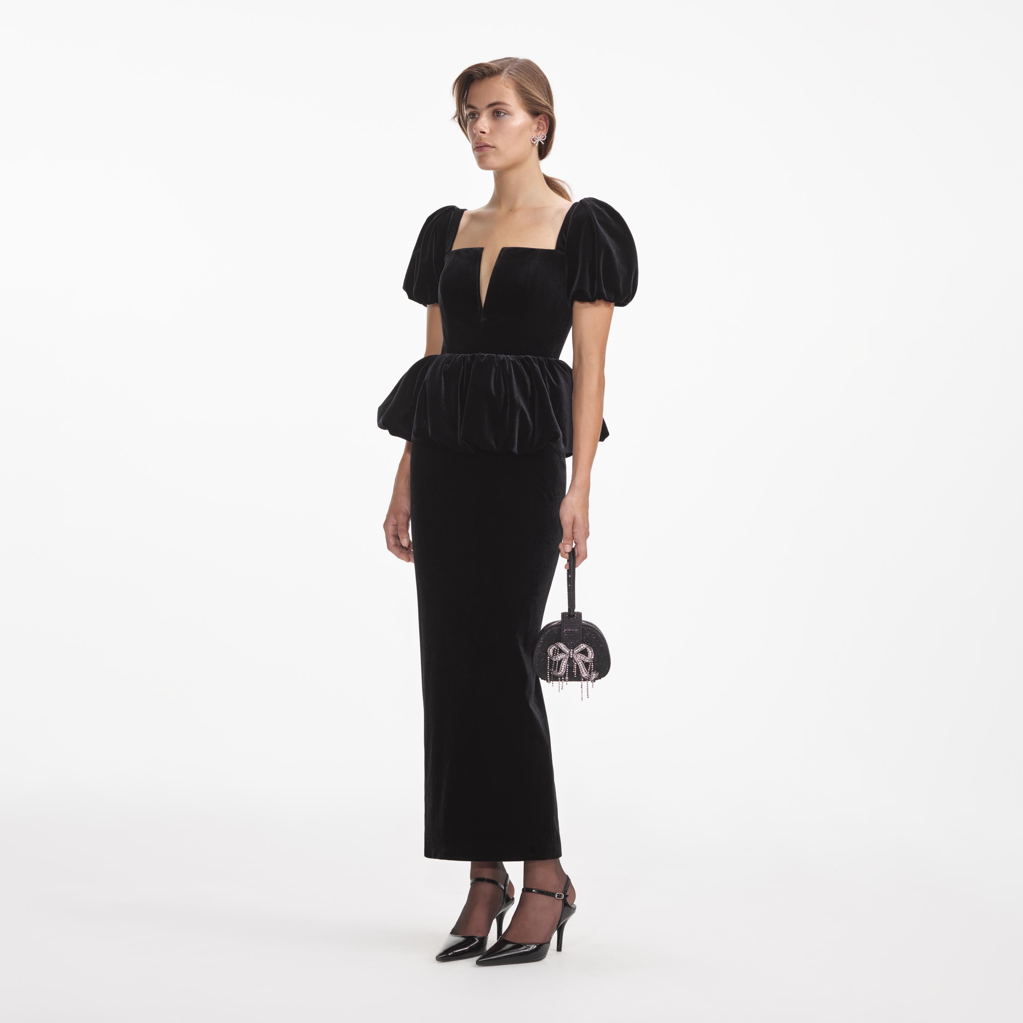 Black Velvet Peplum Midi Dress – self-portrait-US