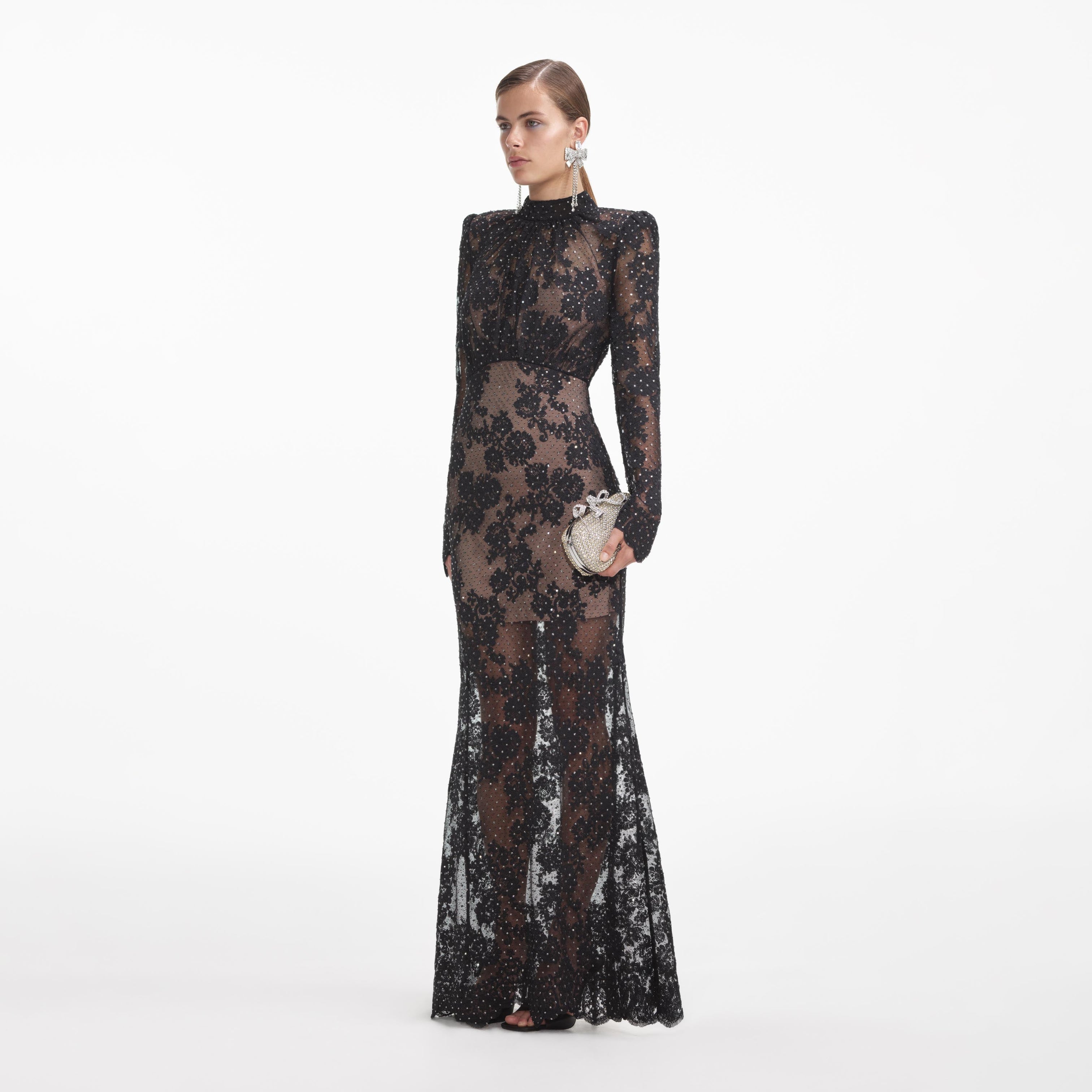 Black Rhinestone Lace Maxi Dress – self-portrait-US