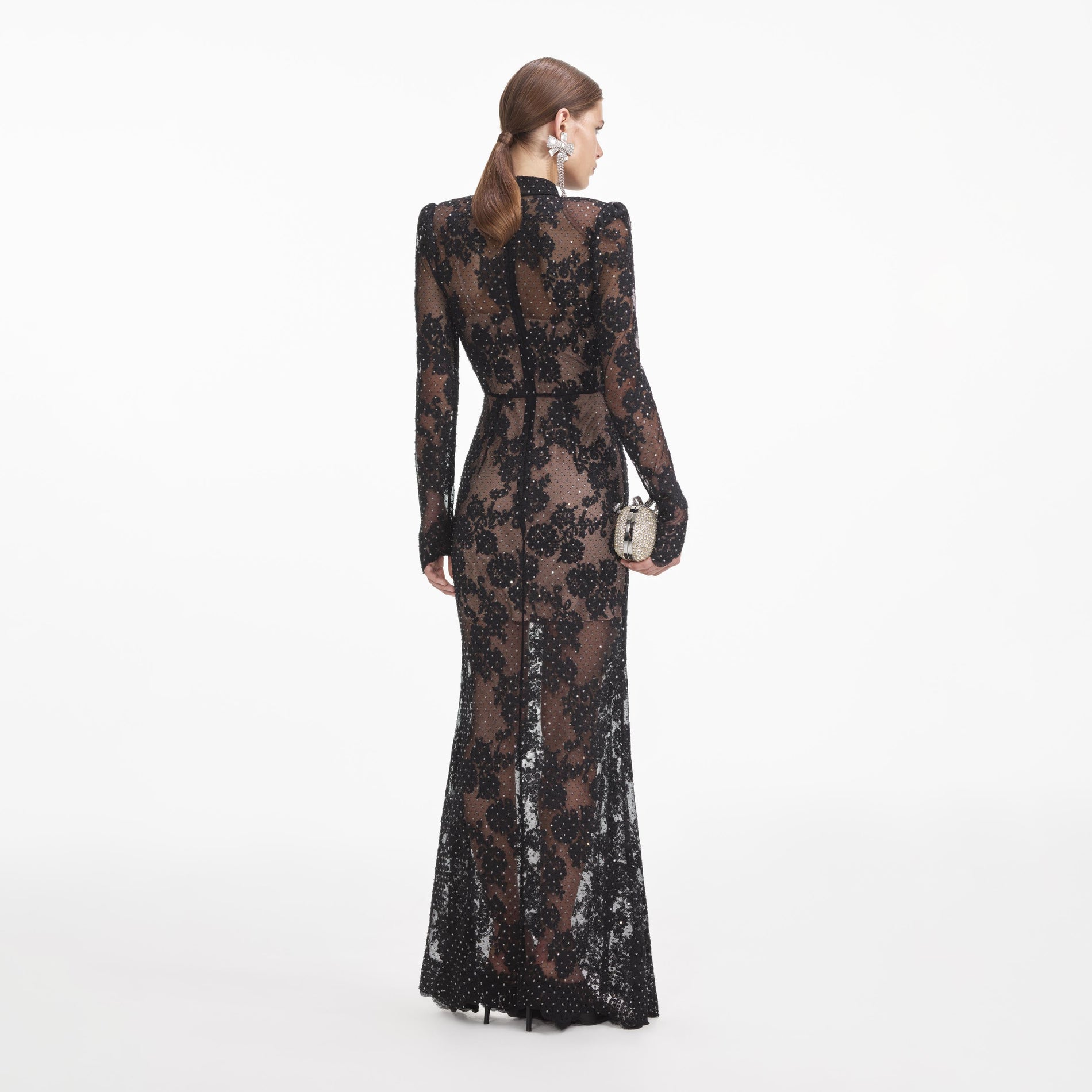 Back view of a woman wearing the Black Rhinestone Lace Maxi Dress