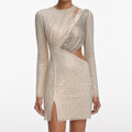 Champagne Rhinestone Lace Trim Mini Dress