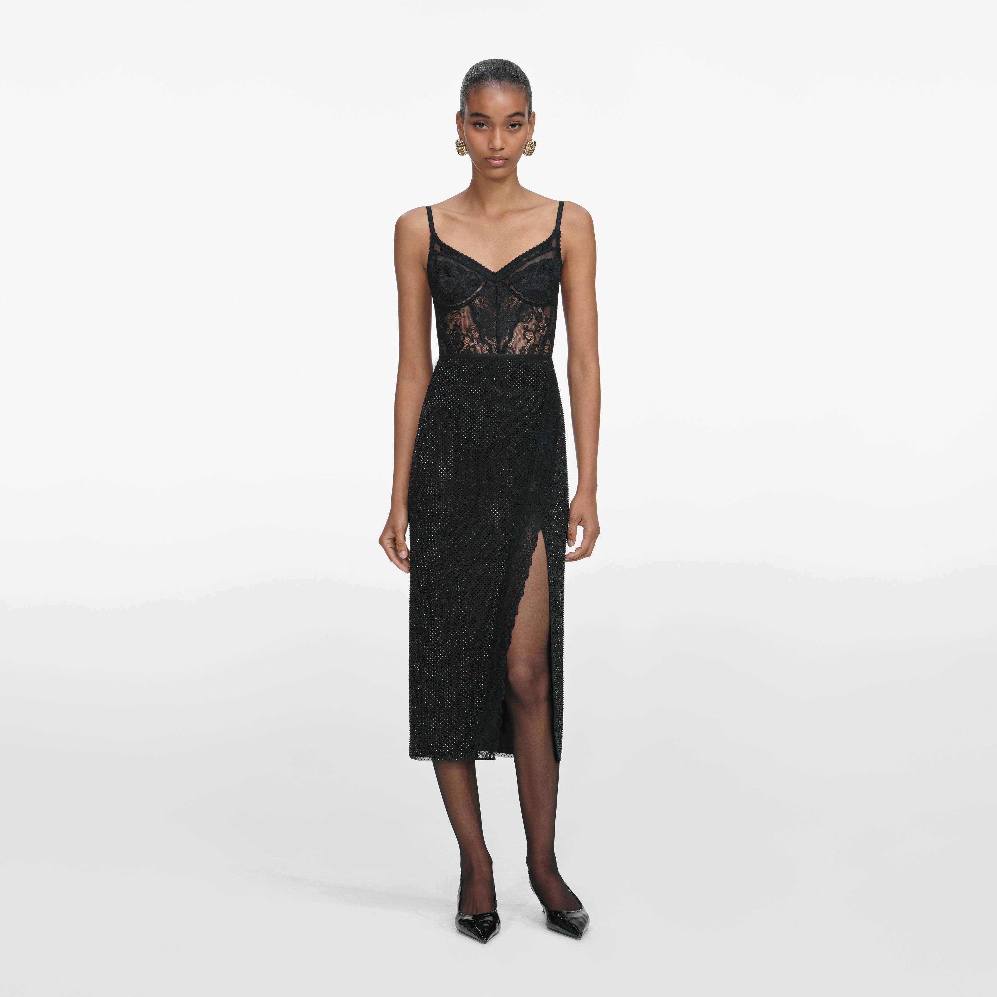 Black Rhinestone Midi Skirt