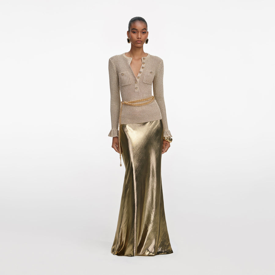 Women Gold Lurex Sweetheat Neck Back Cut-Out Crop Top