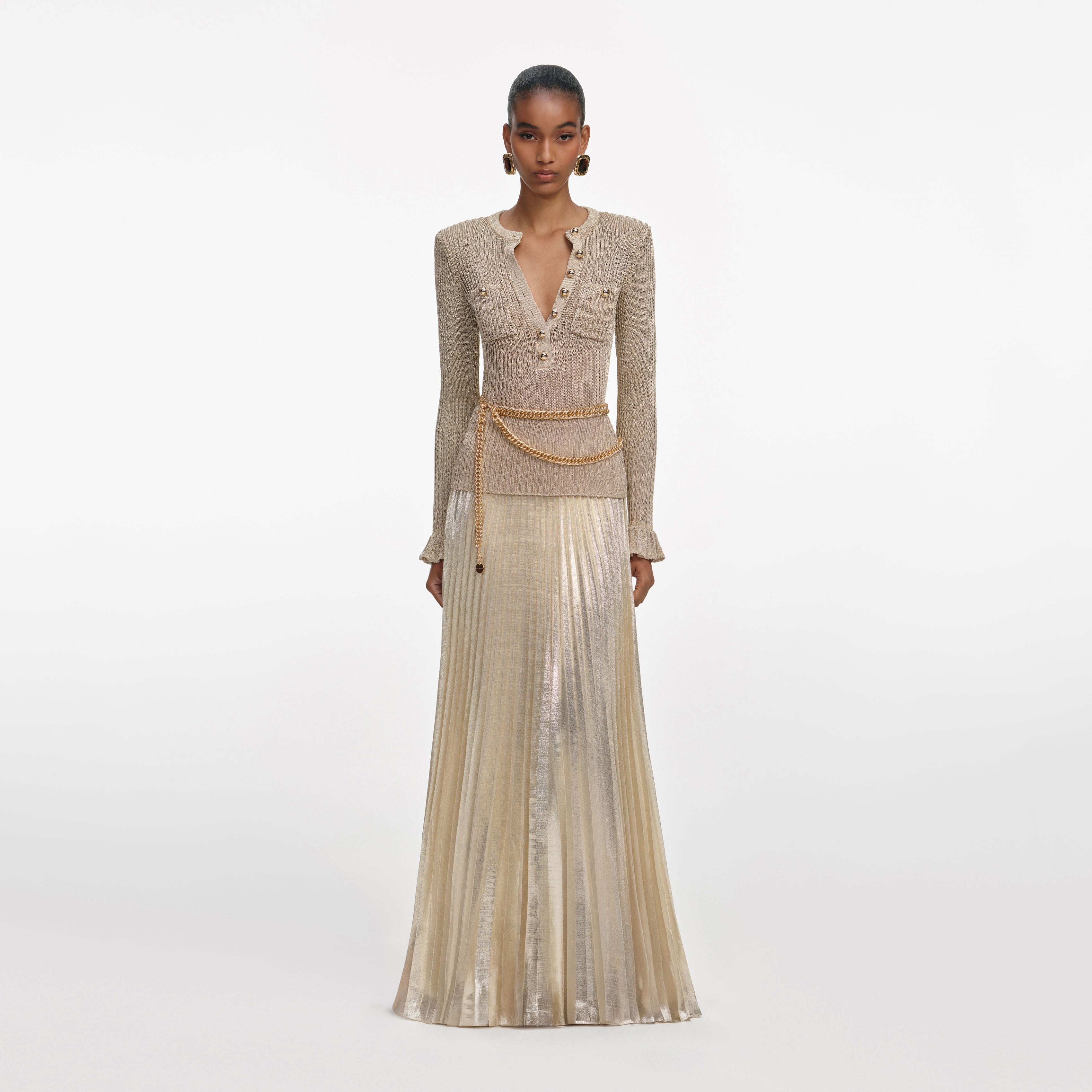 Gold Lurex Ribbed Knit Maxi Dress