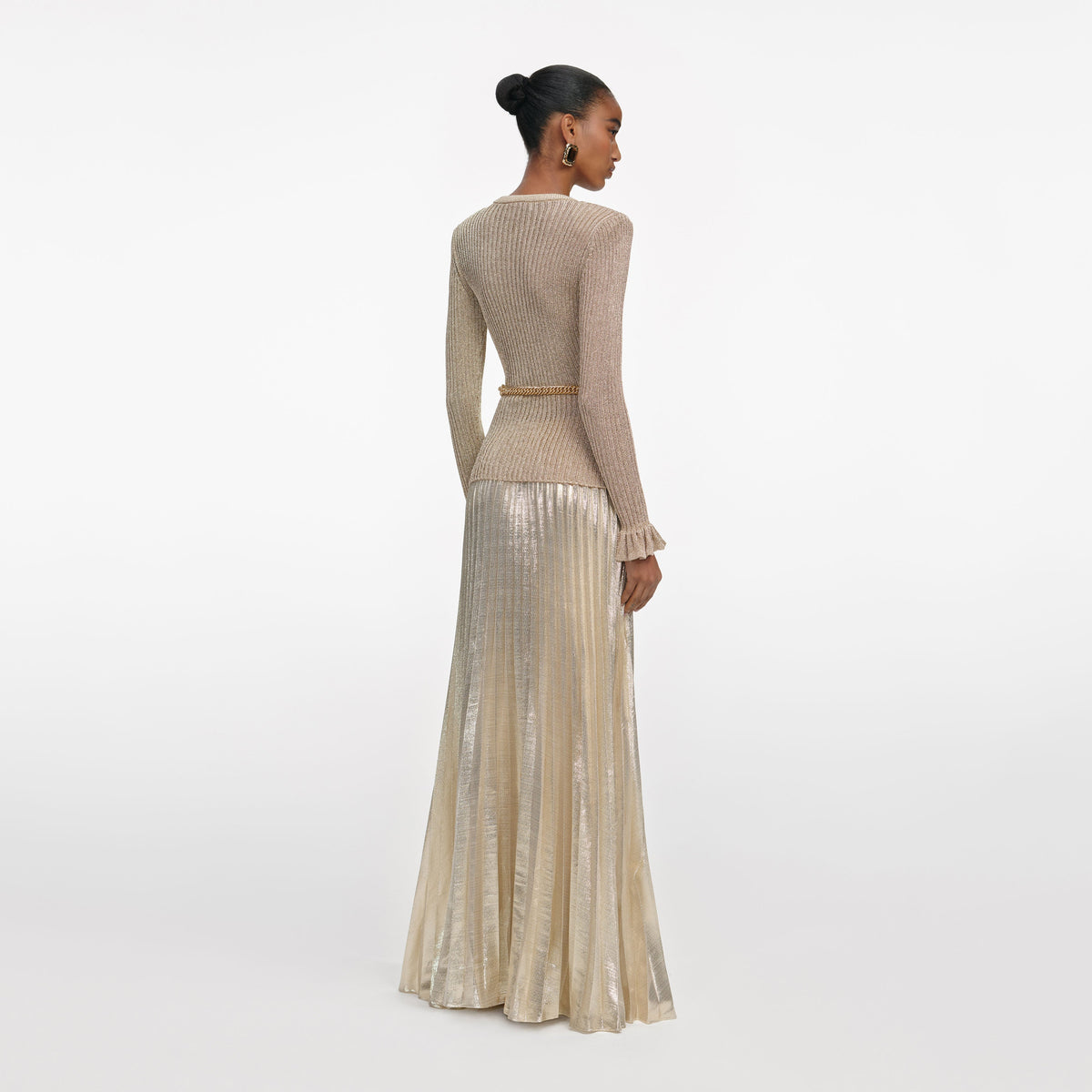 Self-Portrait - Gold Lurex Ribbed Knit Maxi Dress