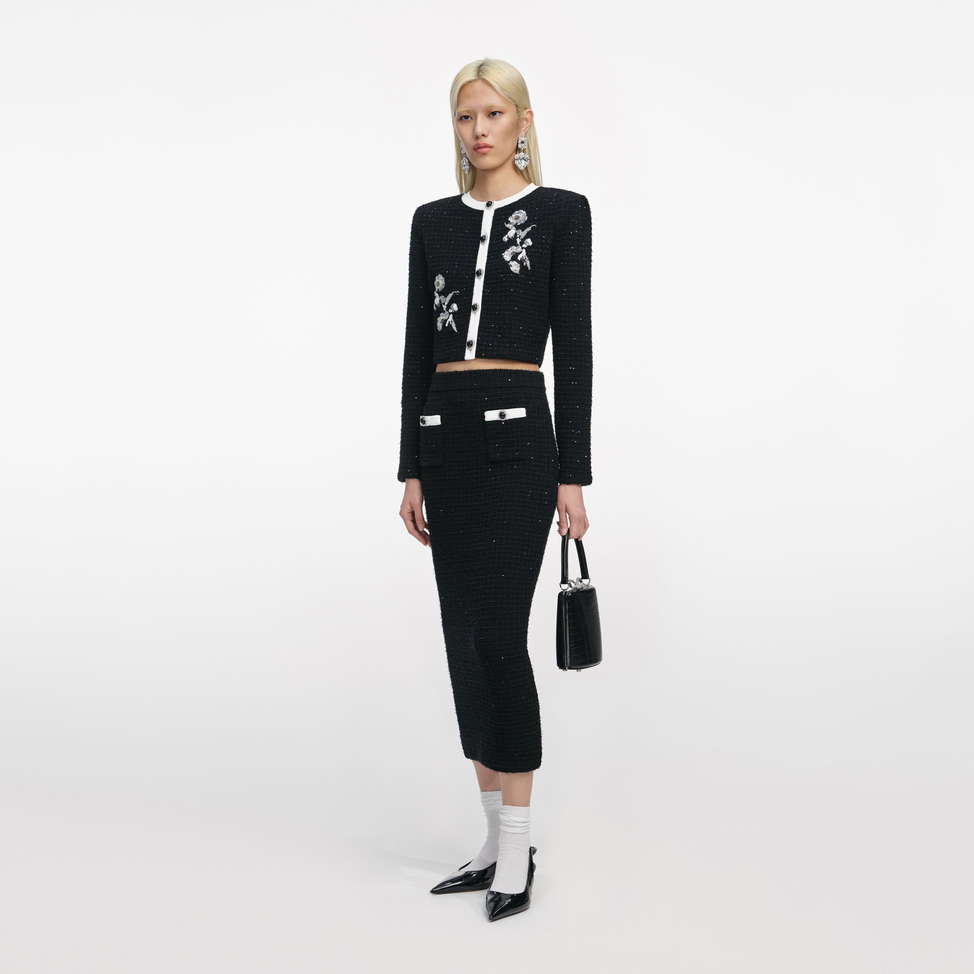 Black Textured Knit Midi Skirt – self-portrait-US