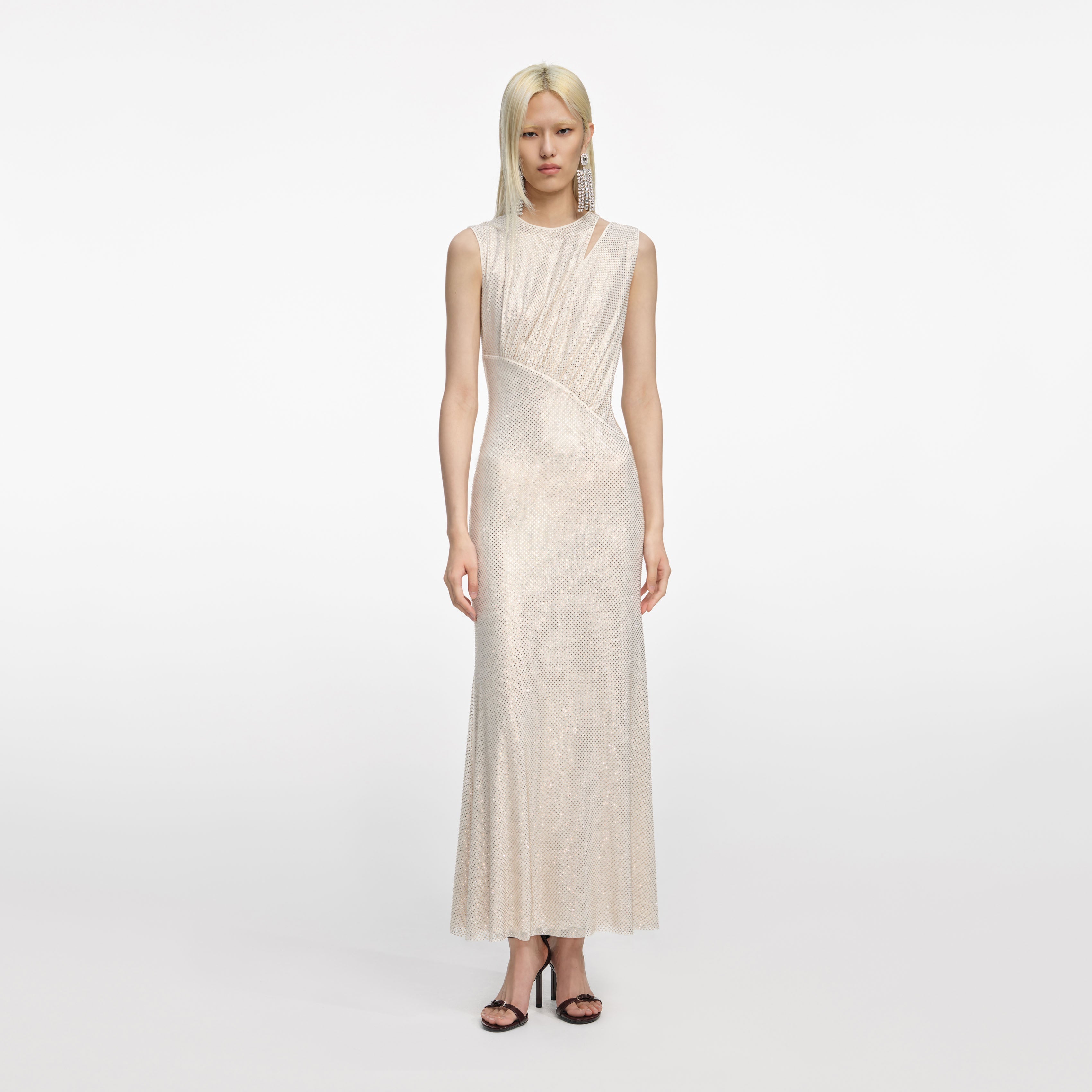 Champagne Rhinestone Cut Out Midi Dress