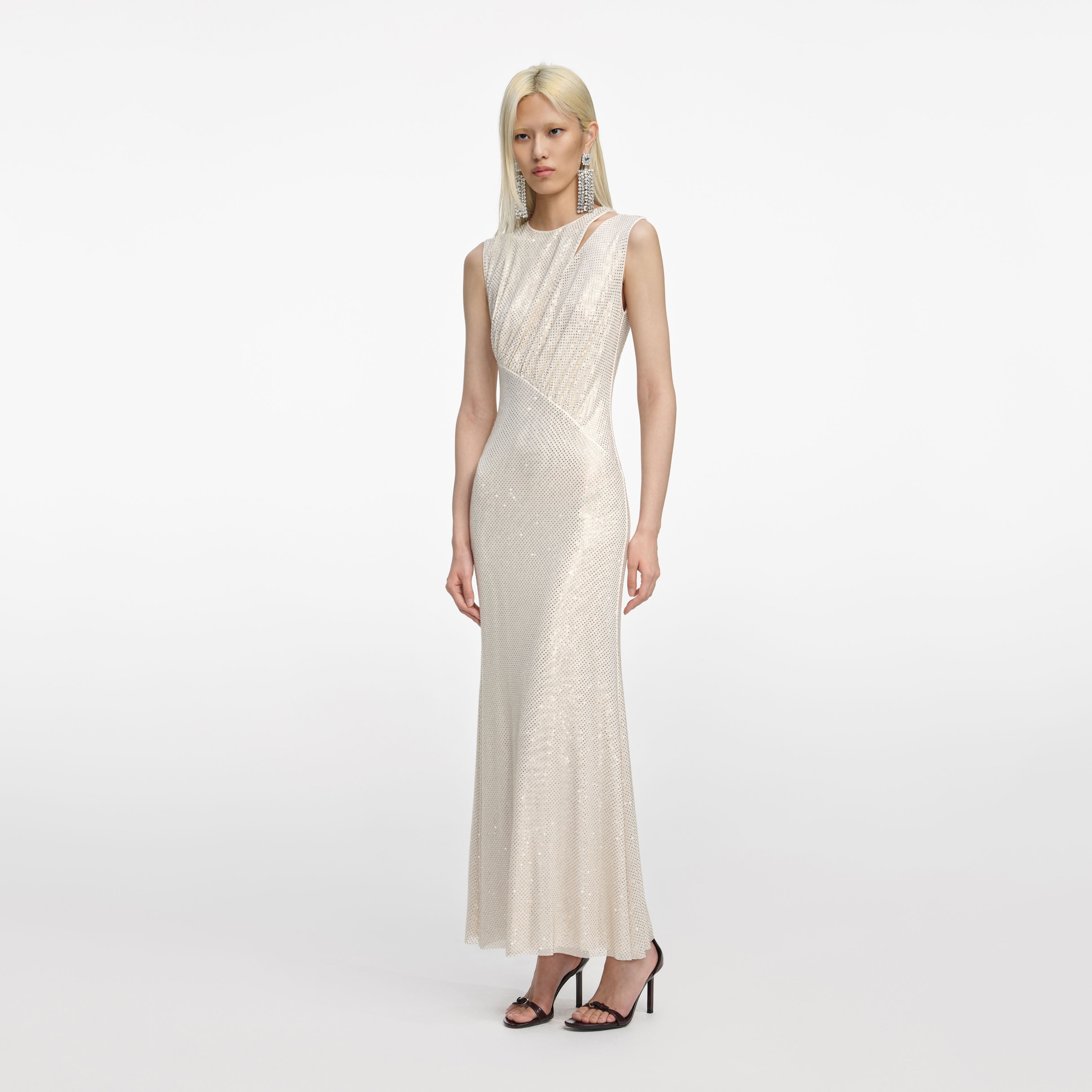 Champagne Rhinestone Cut Out Midi Dress