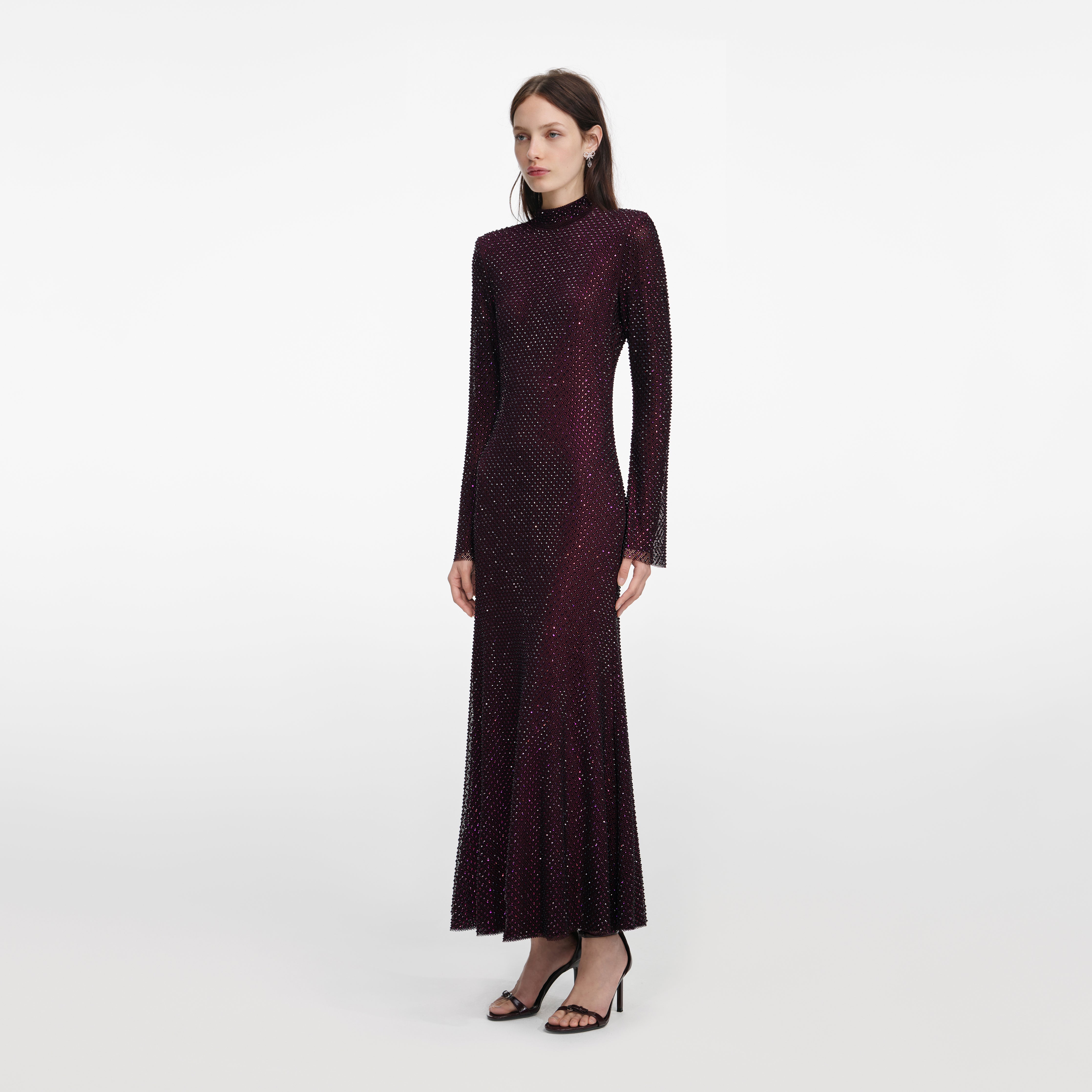 Burgundy Rhinestone Fishnet Midi Dress – self-portrait-US
