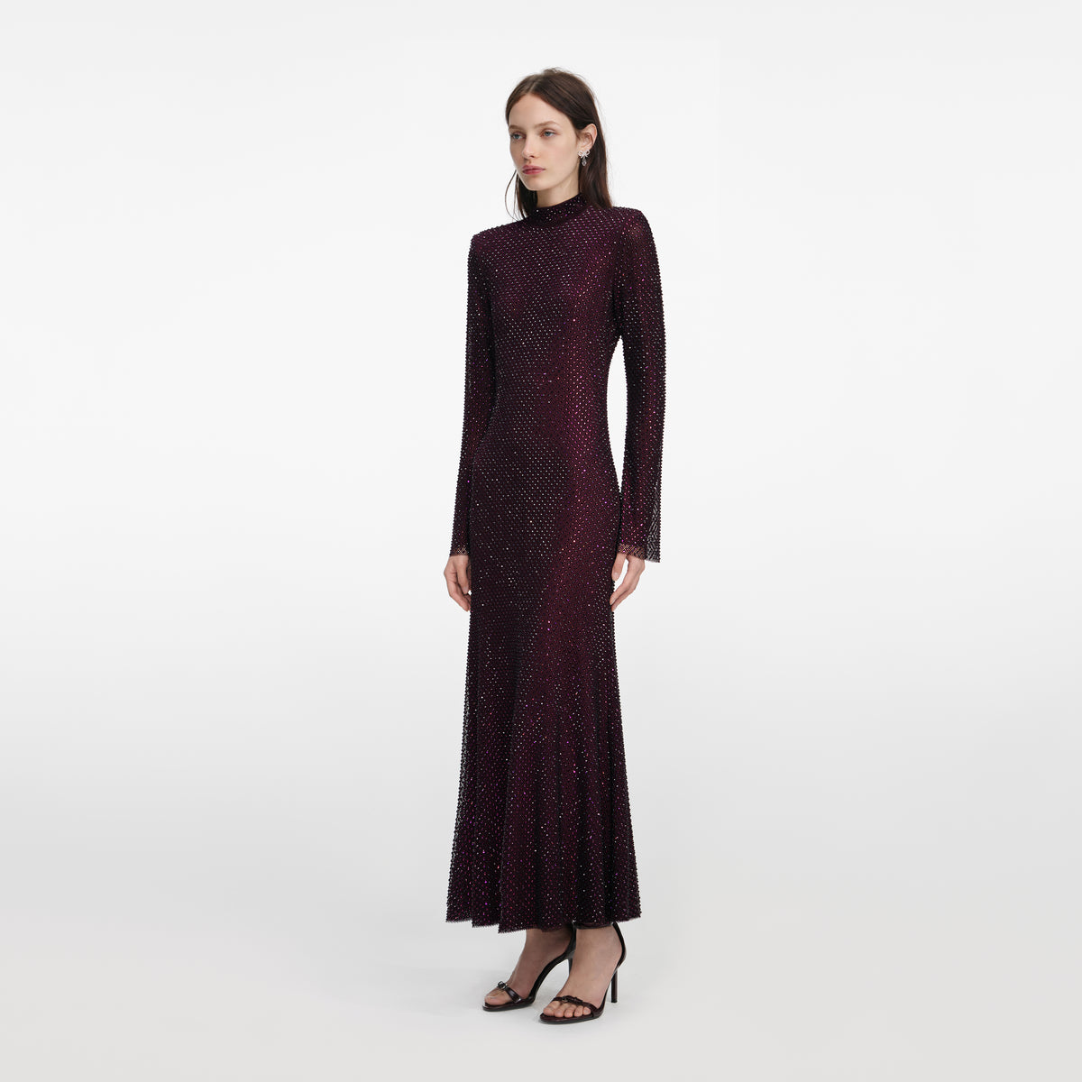 Self-Portrait - Burgundy Rhinestone Fishnet Midi Dress