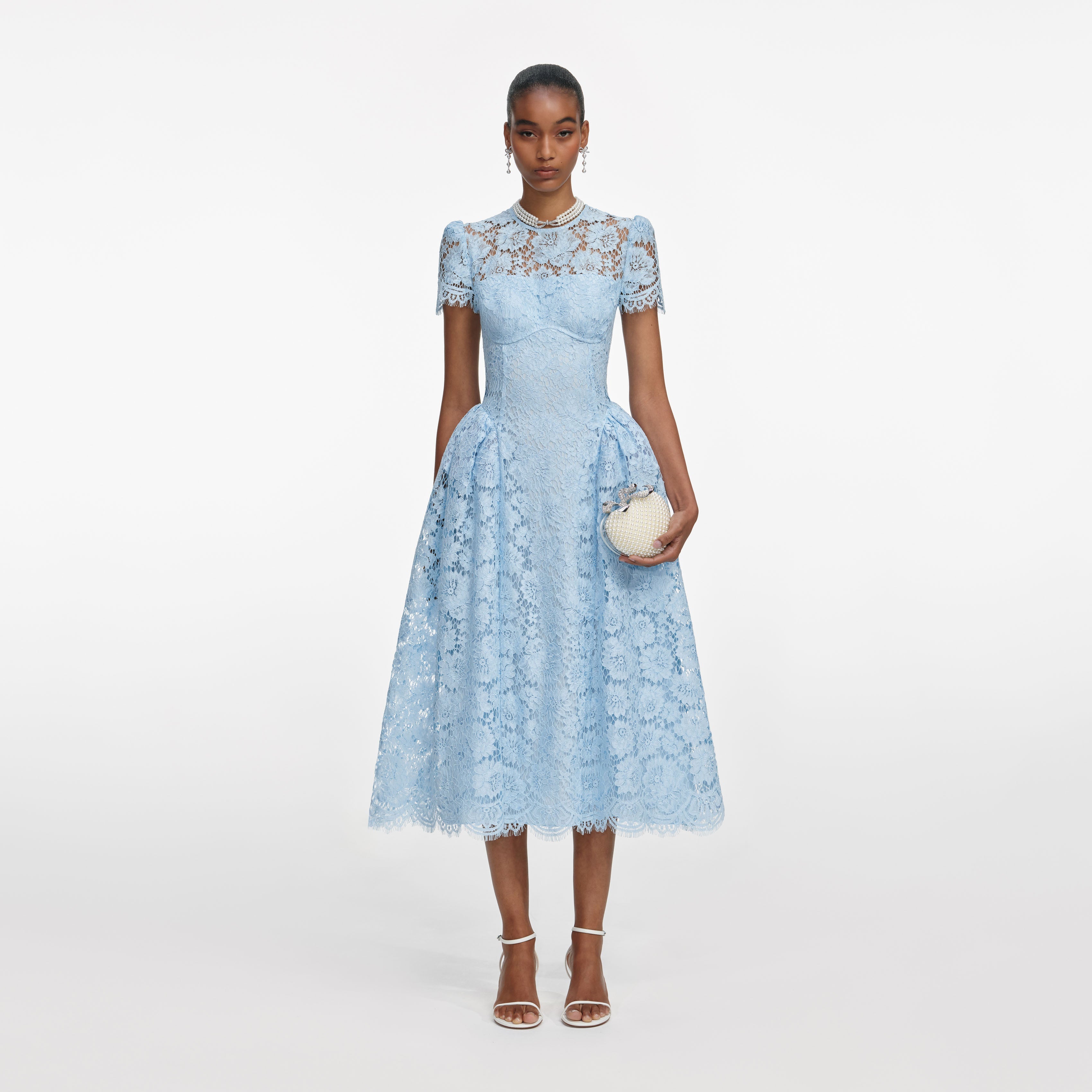 Cream Fine Lace Pearl Midi Dress – self-portrait-US