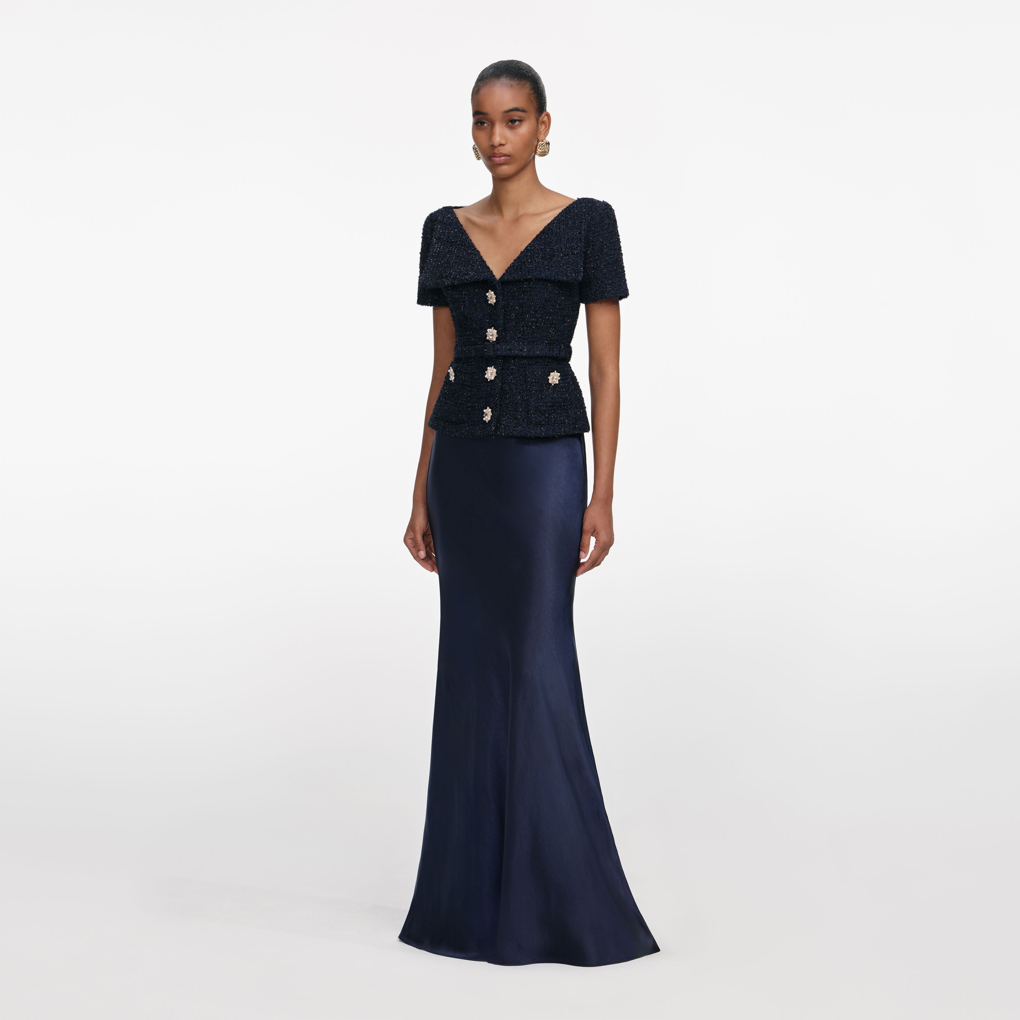 Navy Boucle Tailored Maxi Dress