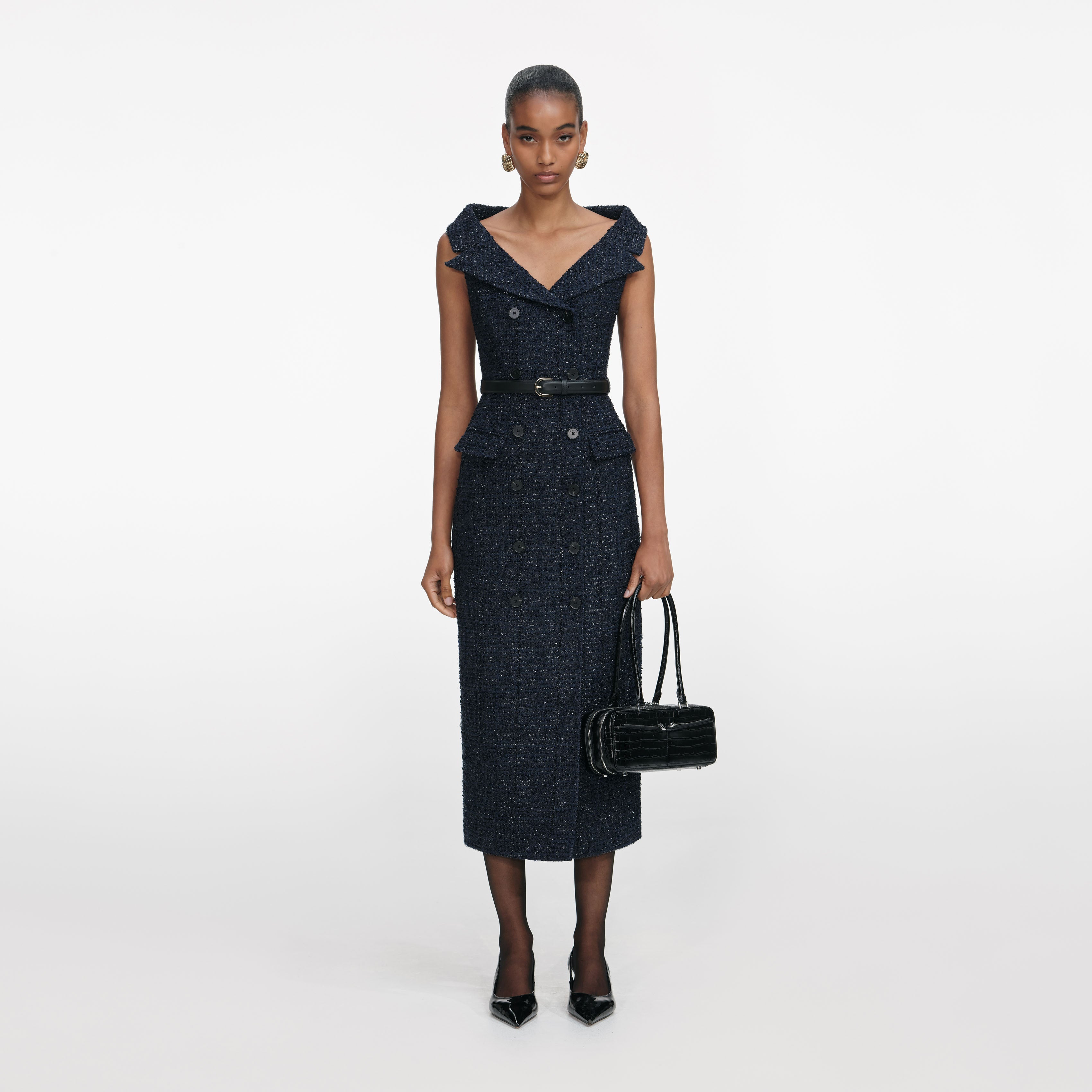 Navy Boucle Midi Dress