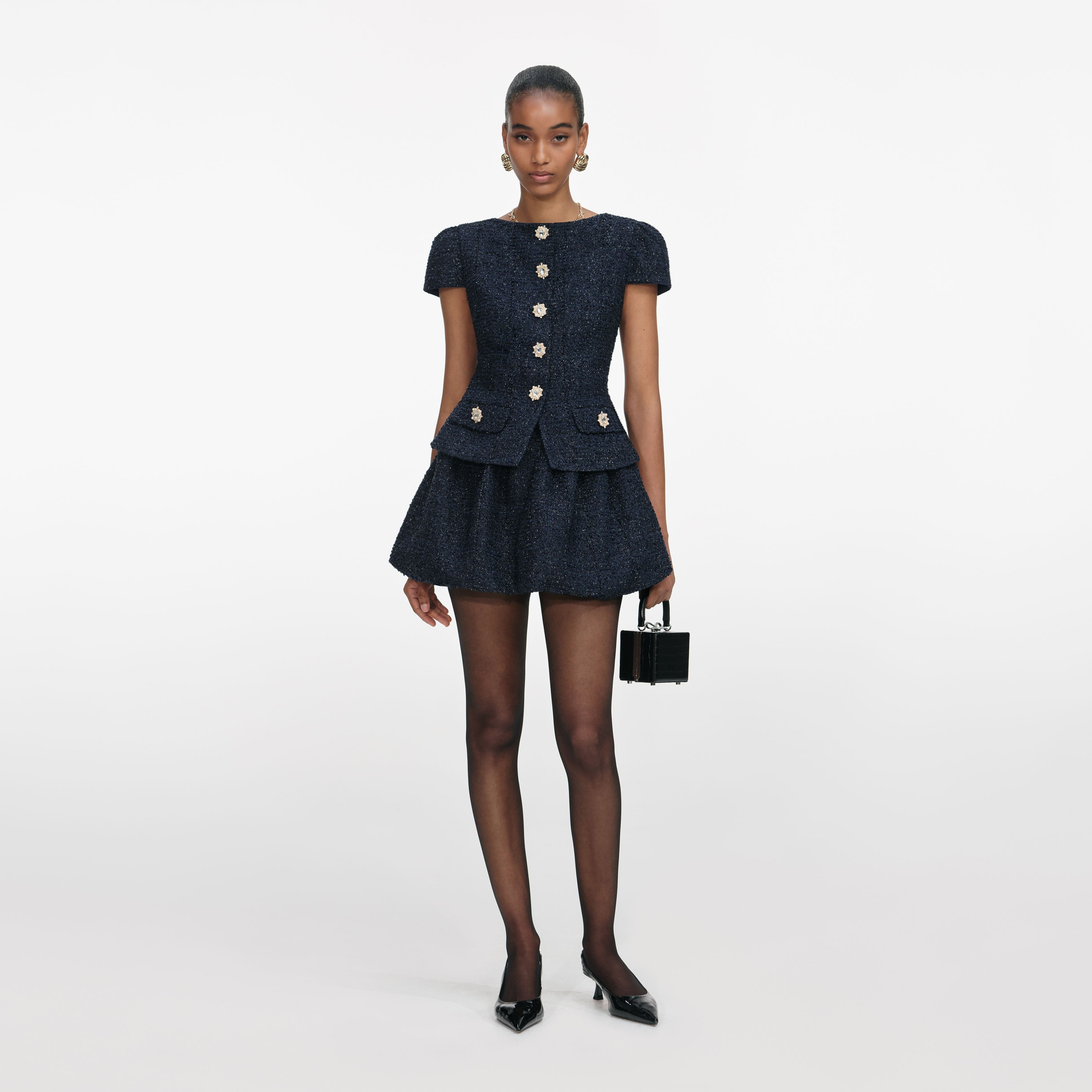 Navy Boucle And Chiffon Mini Dress – self-portrait-US
