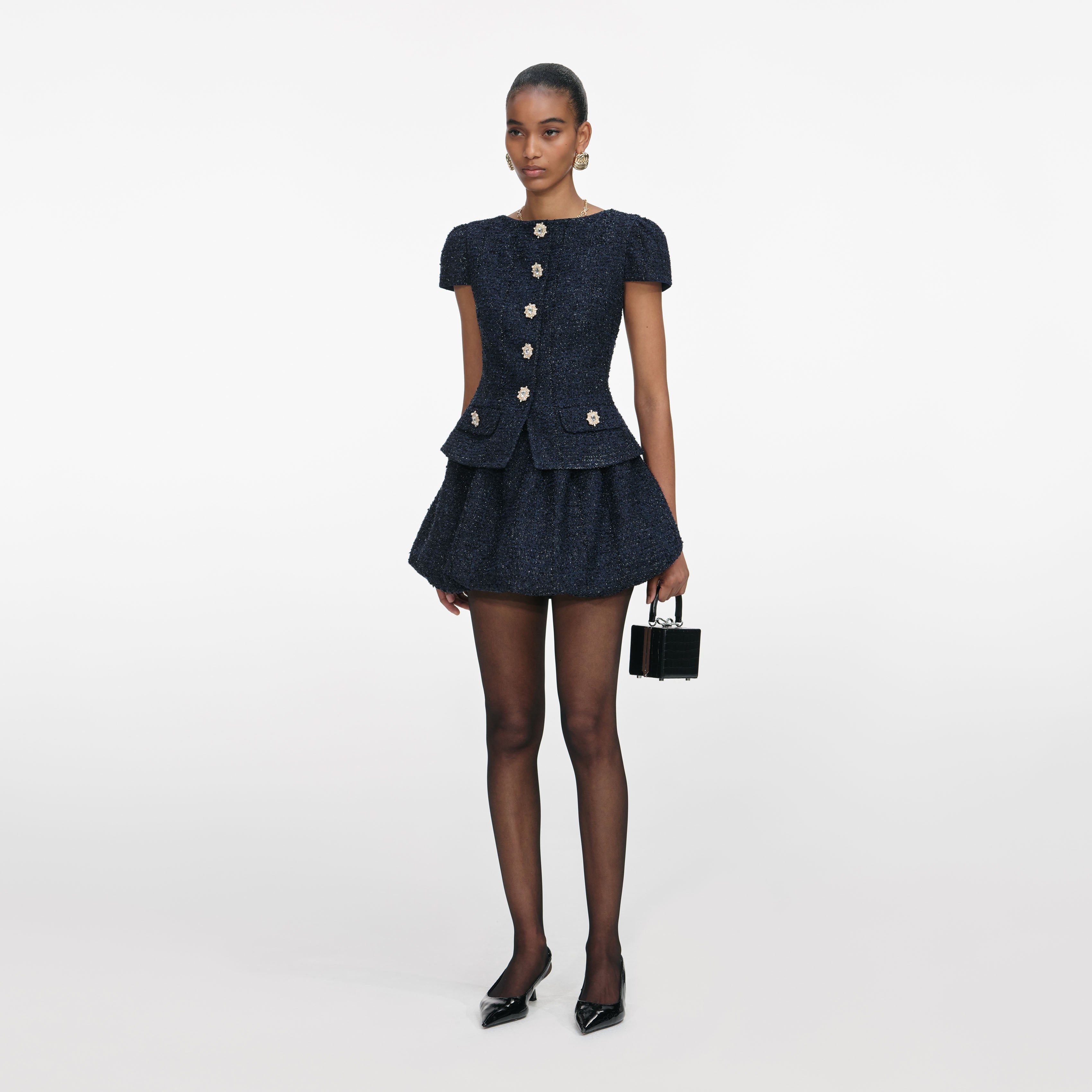 Navy Boucle Mini Dress – self-portrait-US