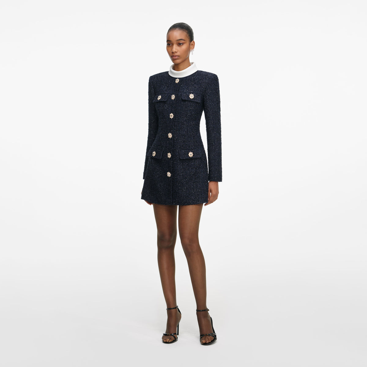 gold boucle long sleeve mini dress self-portrait - Navy Boucle Long Sleeve Mini Dress