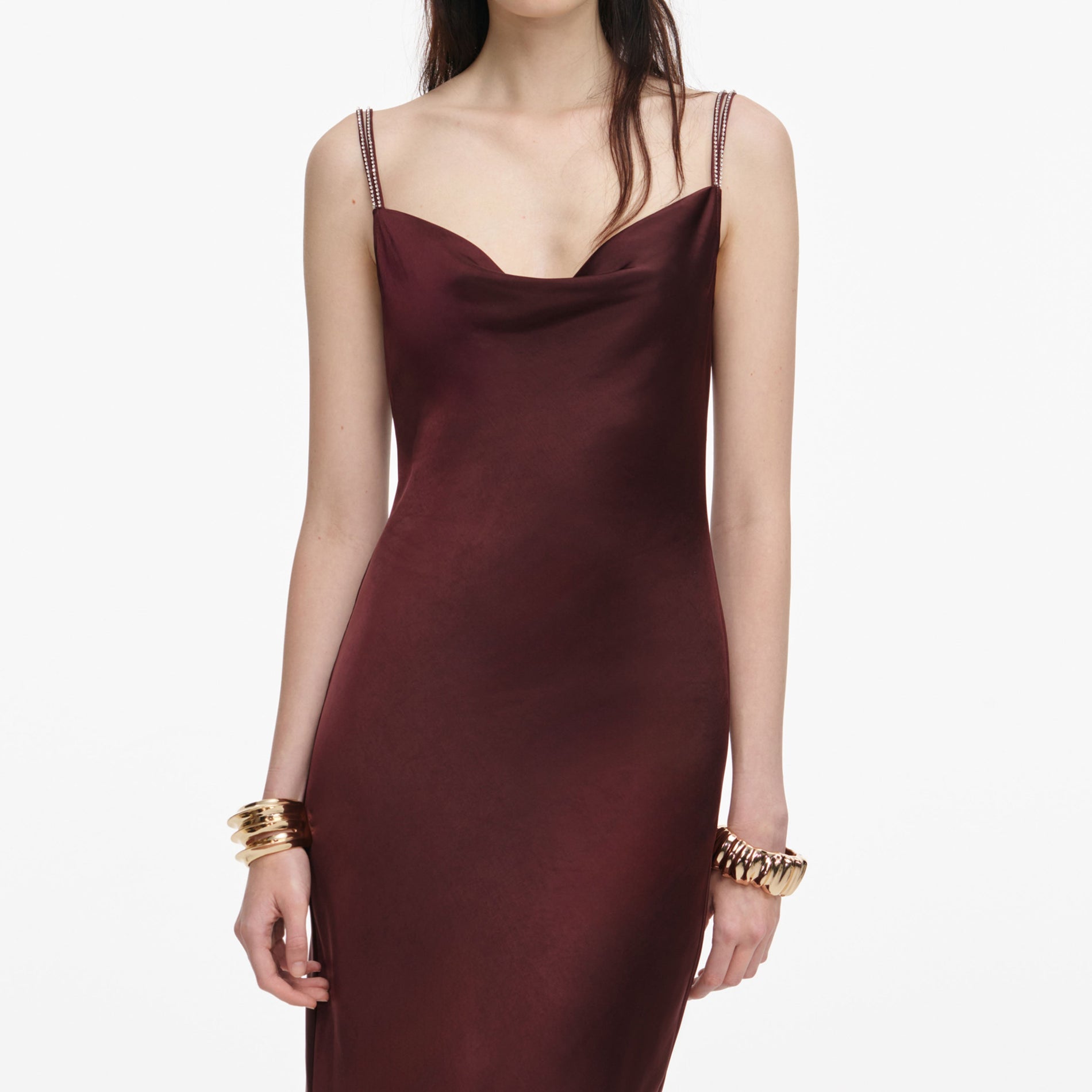 A close up of a woman wearing the Brown Satin Diamante Maxi Dress