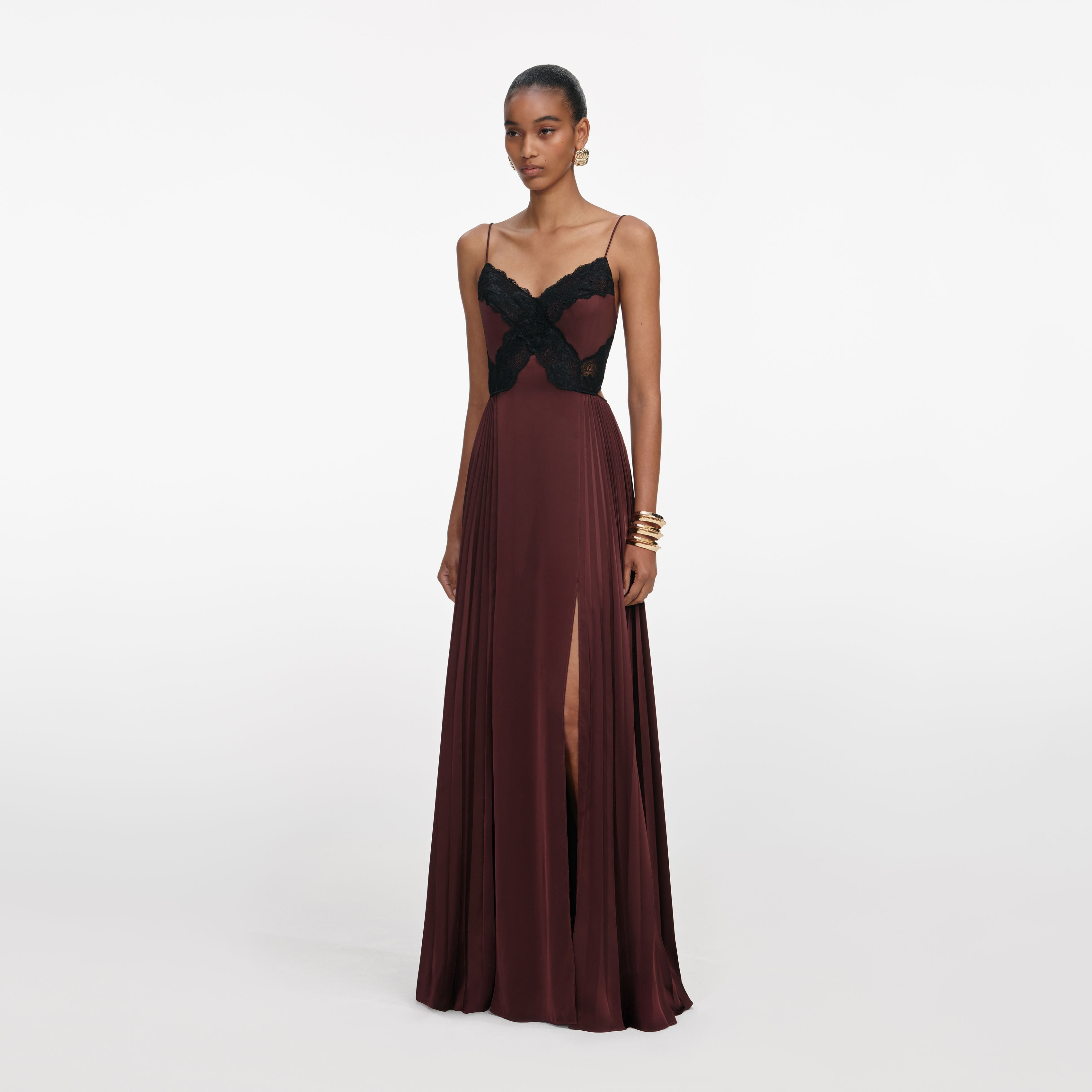 Bronze Satin Tie Neck Maxi Dress – self-portrait-US