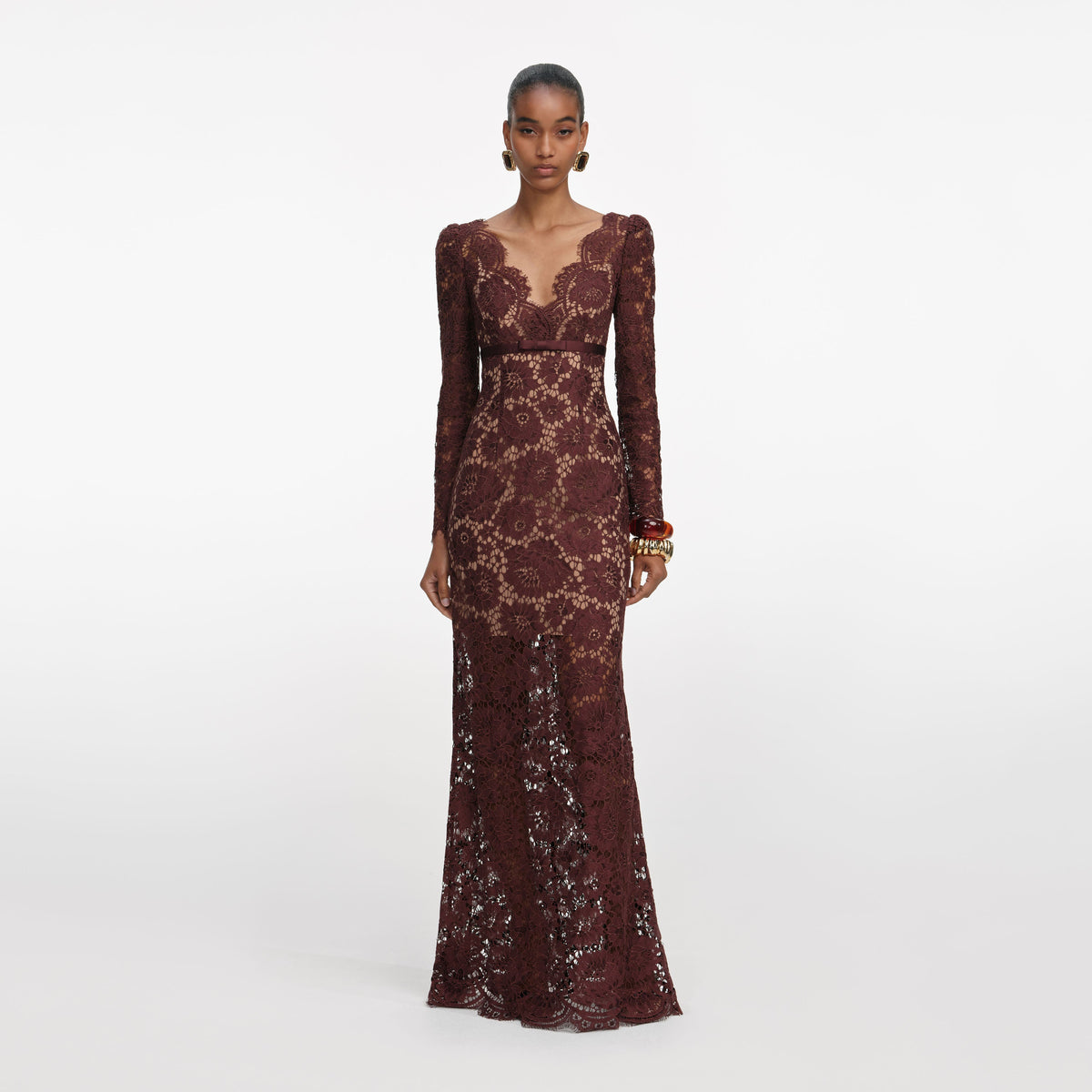 self-portrait - Brown Floral Lace Maxi Dress