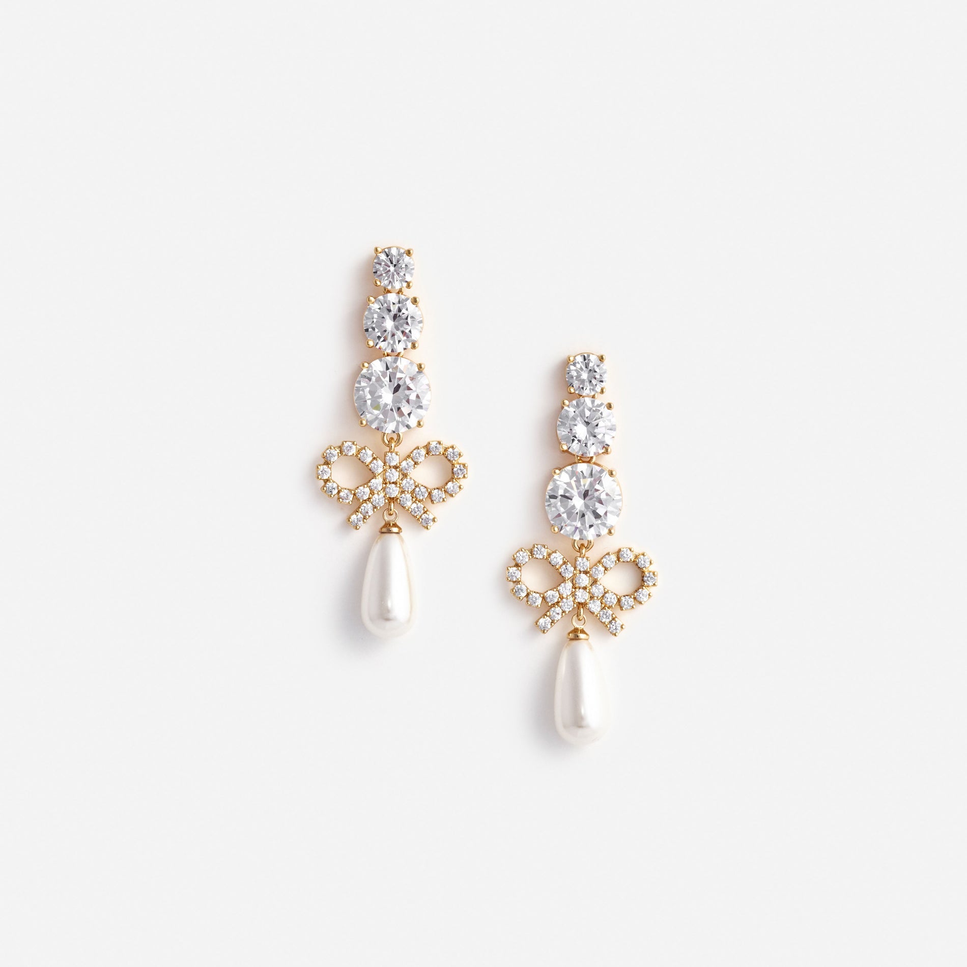 Gold Crystal Bow Pearl Earrings